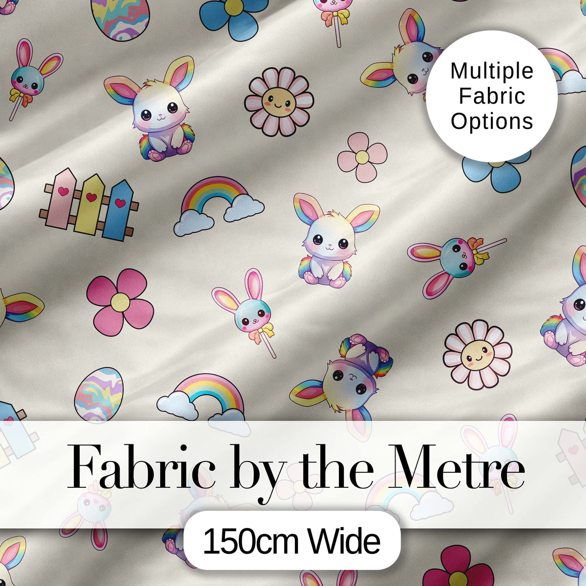 Cute Rainbow Bunny Flower Easter Egg Seamless Pattern Cream Background Digital Print Fabric by the Metre UK Sewing Quilting Textile