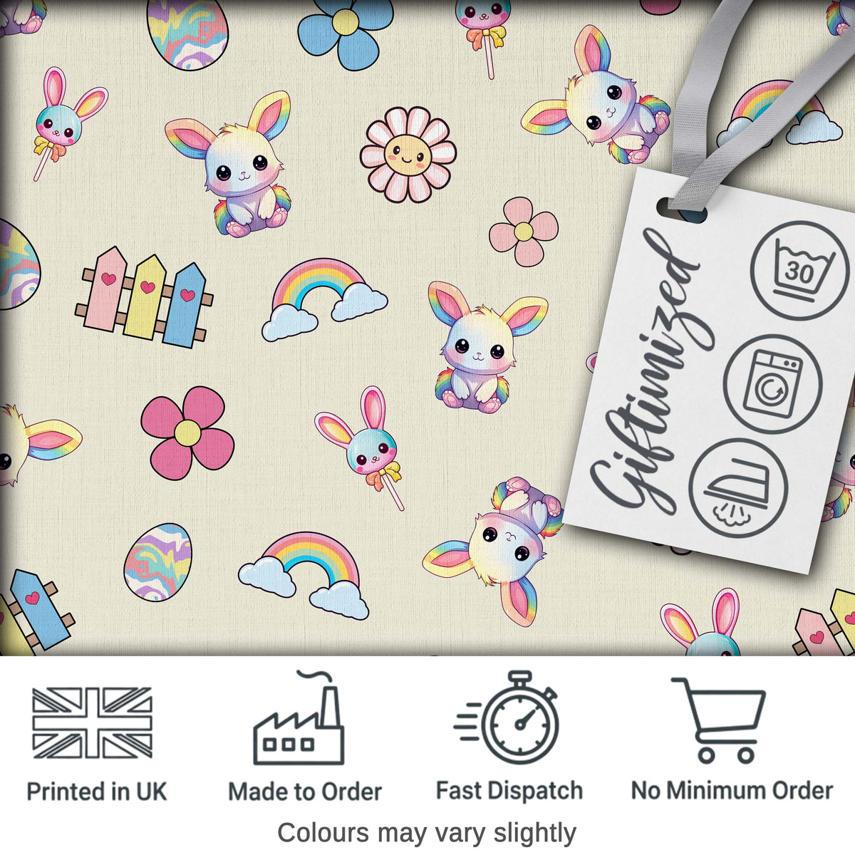 Cute Rainbow Bunny Flower Easter Egg Seamless Pattern Cream Background Digital Print Fabric by the Metre UK Sewing Quilting Textile