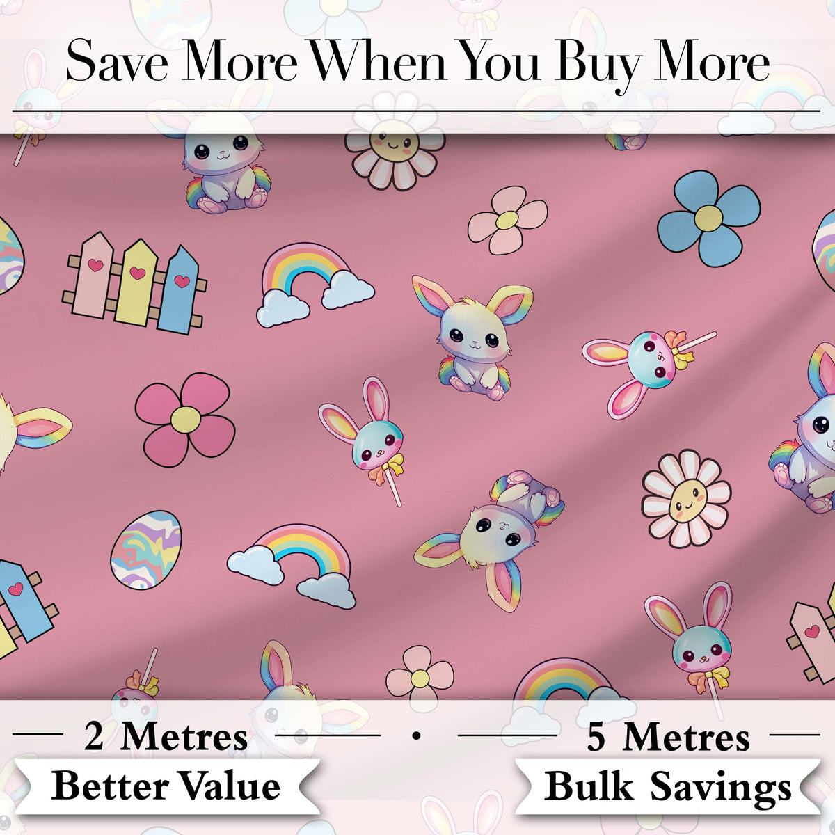 Cute Rainbow Bunny Flower Easter Egg Seamless Pattern Pink Background Digital Print Fabric by the Metre UK Sewing Quilting Textile