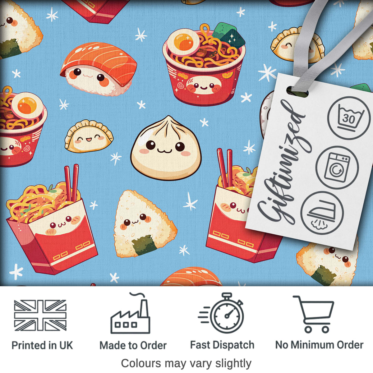 Cute Kawaii Sushi Ramen Dumpling Asian Food Seamless Pattern Blue Background Digital Print Fabric by the Metre UK Sewing Quilting Textile