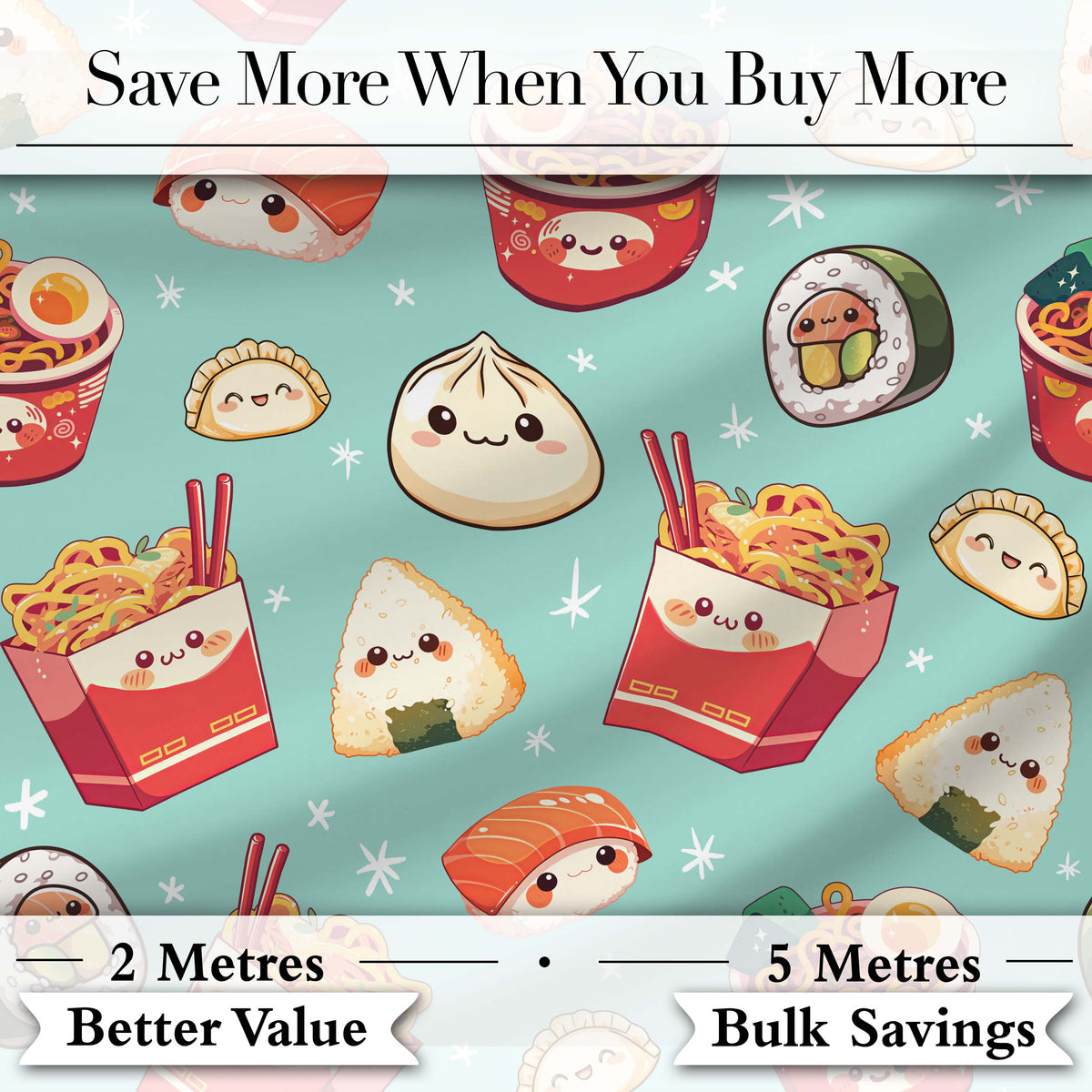 Cute Kawaii Sushi Ramen Dumpling Asian Food Seamless Pattern Teal Background Digital Print Fabric by the Metre UK Sewing Quilting Textile