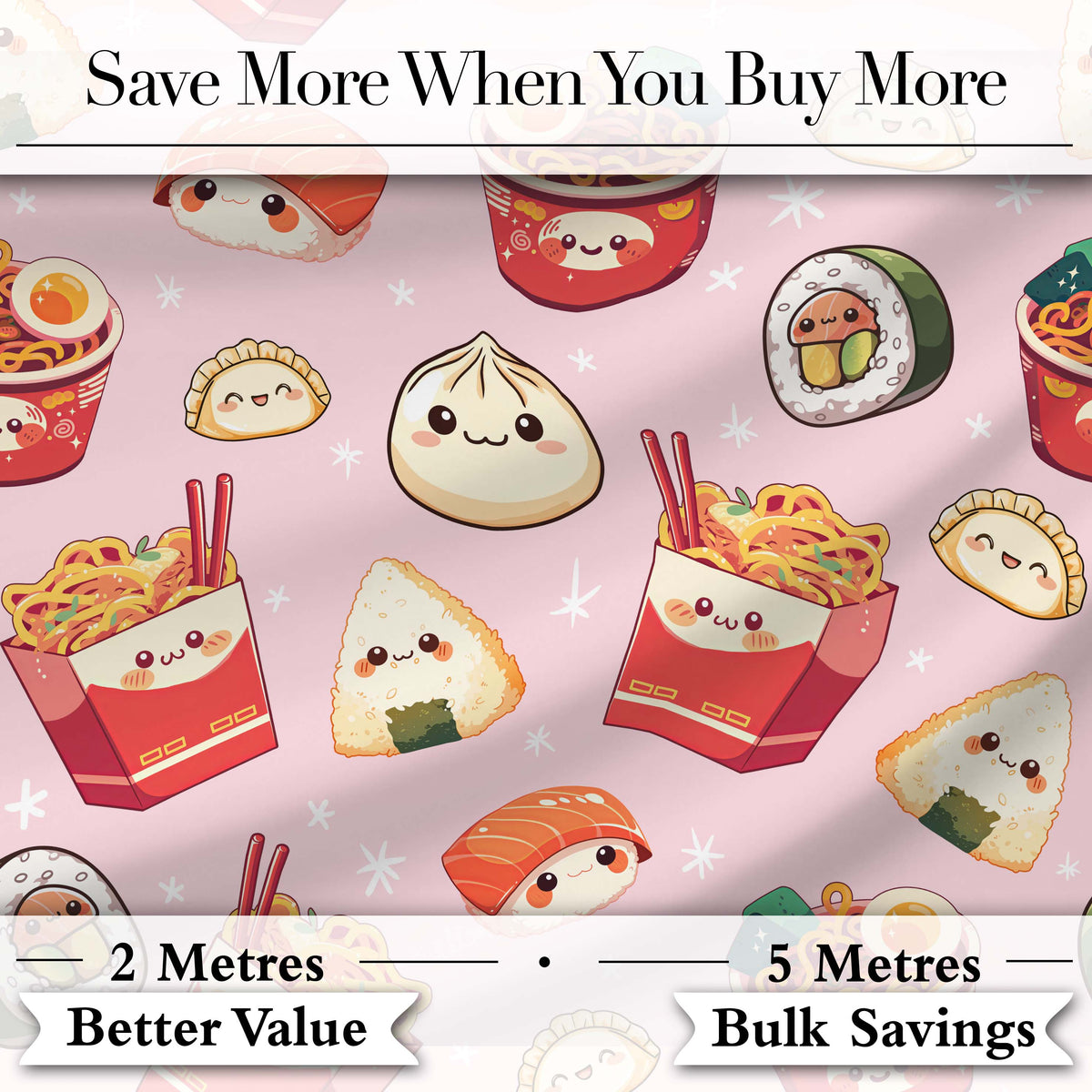 Kawaii Sushi Ramen Dumpling Asian Food Seamless Pattern Soft Pink Background Digital Print Fabric by the Metre UK Sewing Quilting Textile