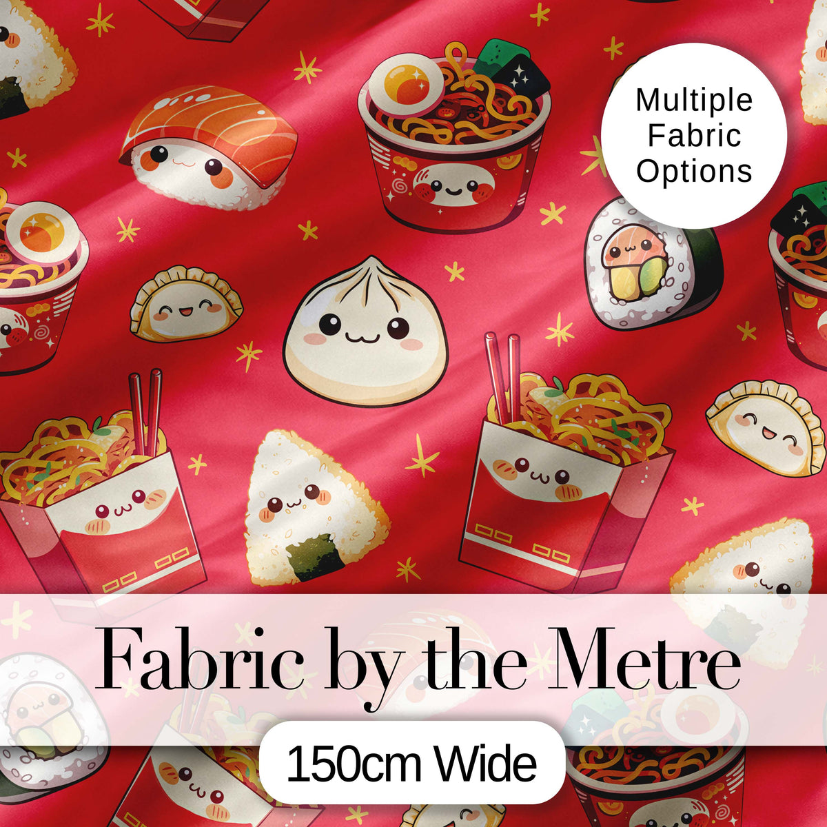 Cute Kawaii Sushi Ramen Dumpling Asian Food Seamless Pattern Red Background Digital Print Fabric by the Metre UK Sewing Quilting Textile