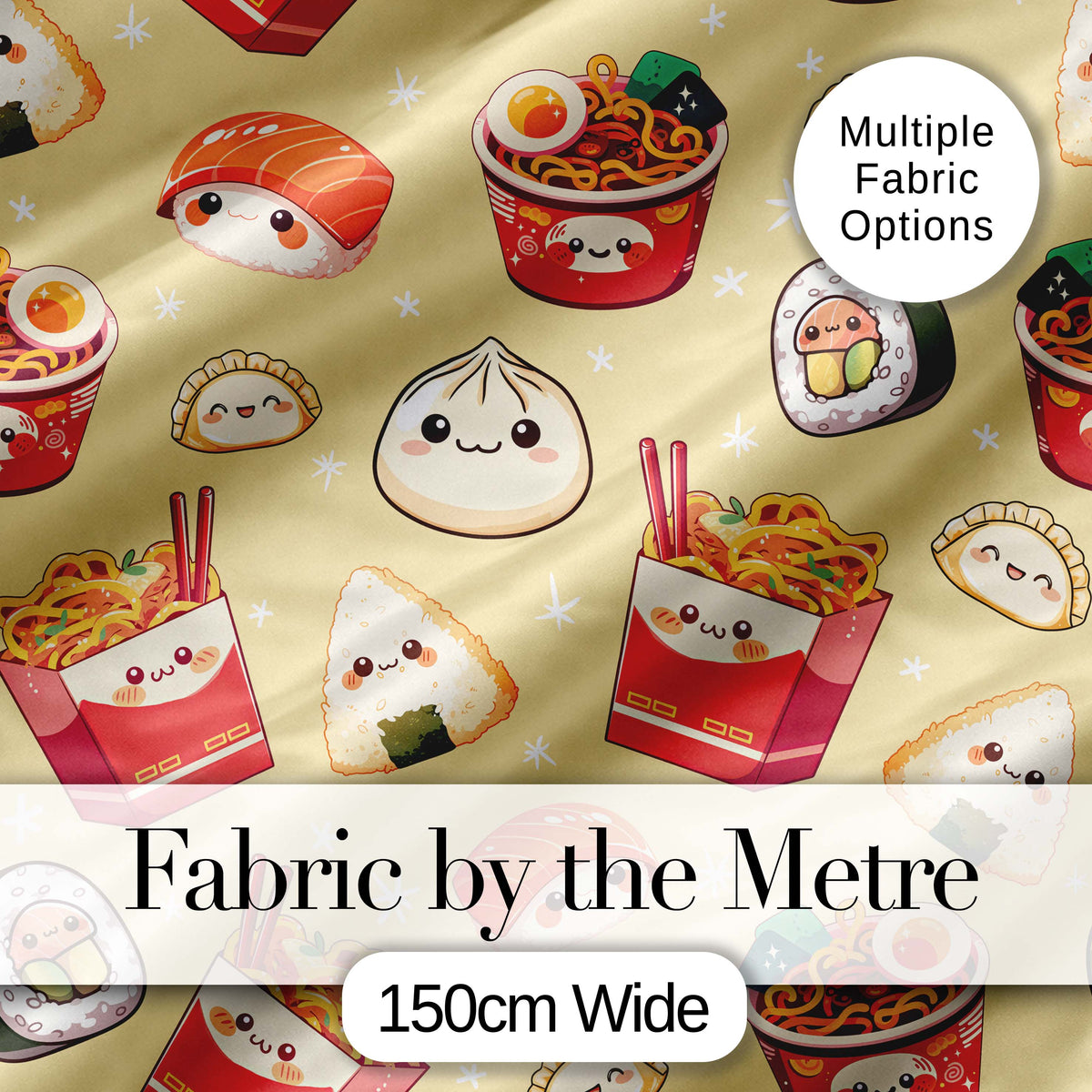 Cute Kawaii Sushi Ramen Dumpling Asian Food Seamless Pattern Yellow Background Digital Print Fabric by the Metre UK Sewing Quilting Textile