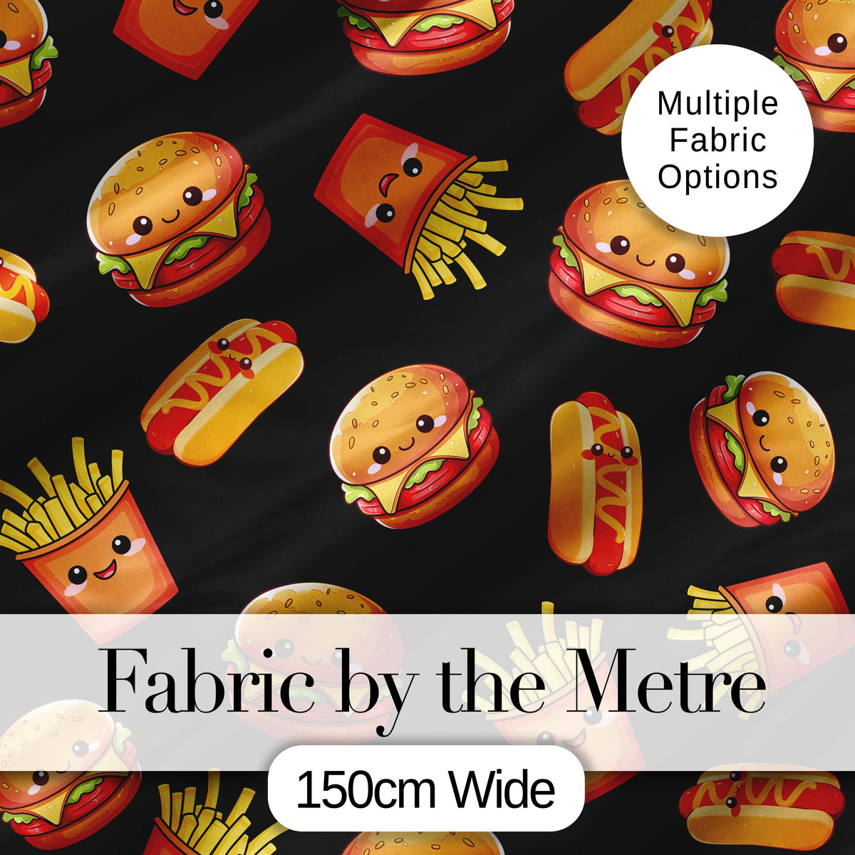 Cute Kawaii Burger Fries Hotdog Fast Food Seamless Pattern Black Background Digital Print Fabric by the Metre UK Sewing Quilting Textile