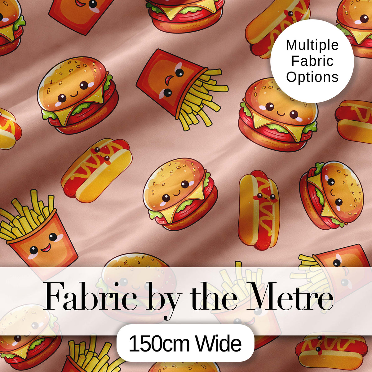 Cute Kawaii Burger Fries Hotdog Fast Food Seamless Pattern Beige Background Digital Print Fabric by the Metre UK Sewing Quilting Textile