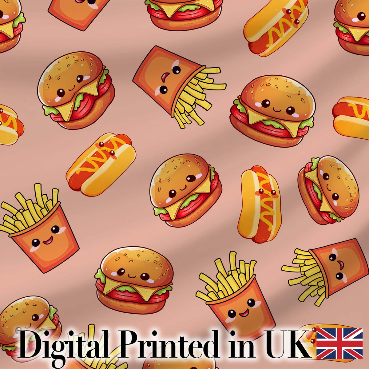 Cute Kawaii Burger Fries Hotdog Fast Food Seamless Pattern Beige Background Digital Print Fabric by the Metre UK Sewing Quilting Textile