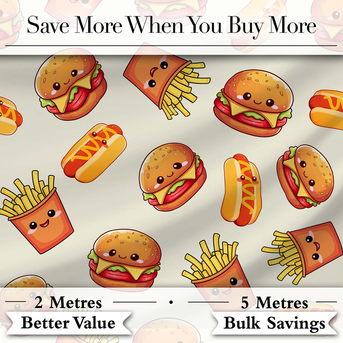 Kawaii Burger Fries Hotdog Fast Food Seamless Pattern Light Cream Background Digital Print Fabric by the Metre UK Sewing Quilting Textile