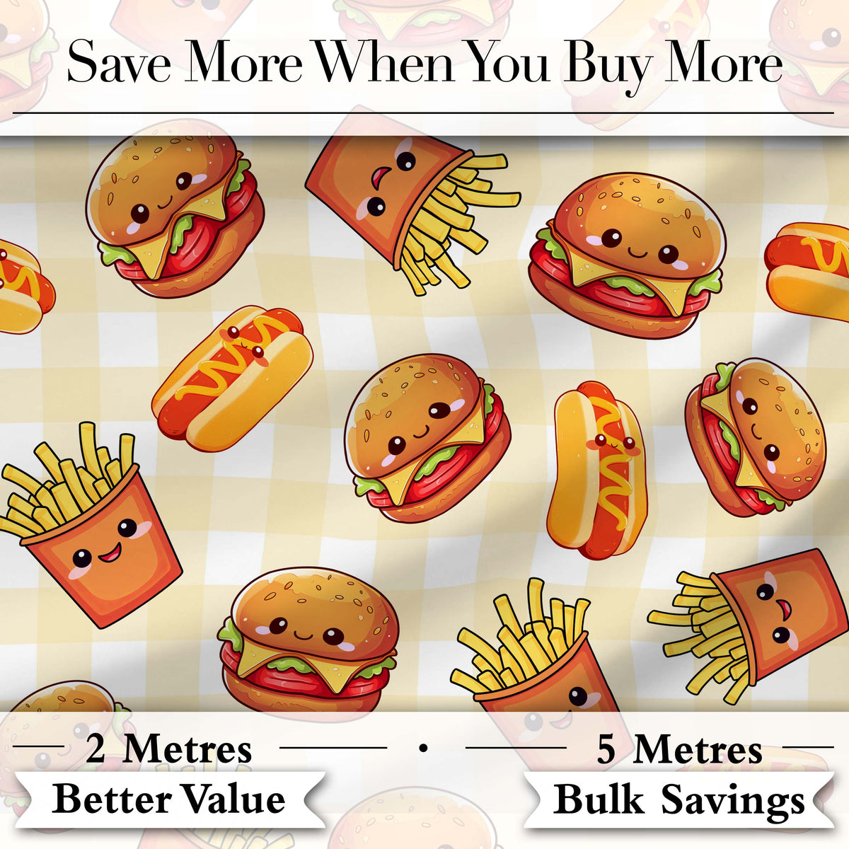 Cute Kawaii Burger Fries Hotdog Fast Food Seamless Pattern Gingham Background Digital Print Fabric by the Metre UK Sewing Quilting Textile