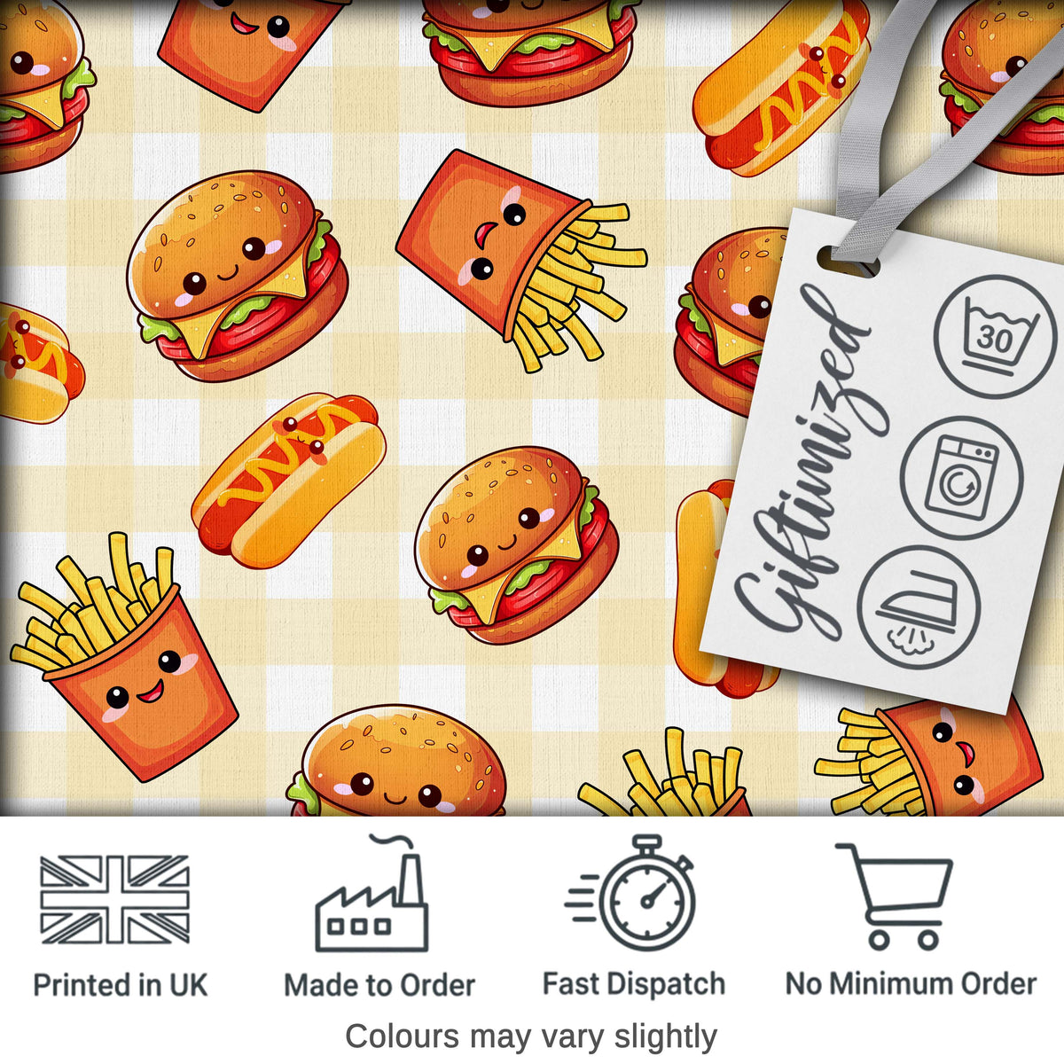 Cute Kawaii Burger Fries Hotdog Fast Food Seamless Pattern Gingham Background Digital Print Fabric by the Metre UK Sewing Quilting Textile