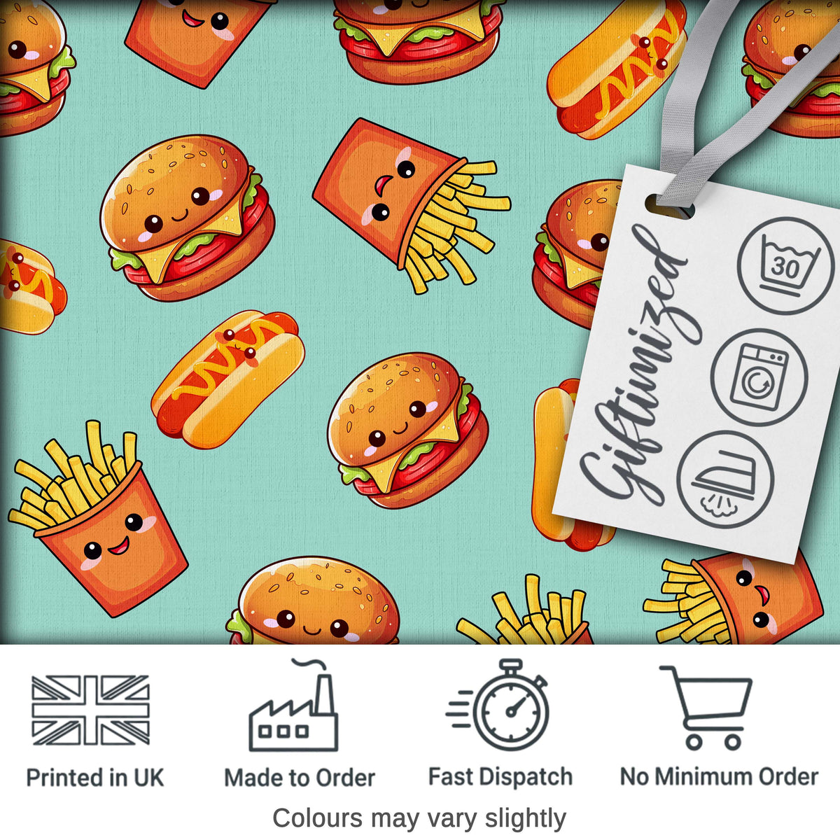 Cute Kawaii Burger Fries Hotdog Fast Food Seamless Pattern Mint Background Digital Print Fabric by the Metre UK Sewing Quilting Textile