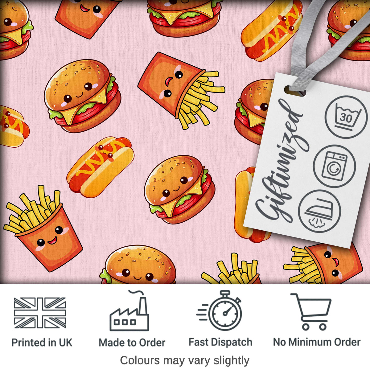 Cute Kawaii Burger Fries Hotdog Fast Food Seamless Pattern Soft Pink Background Digital Print Fabric by the Metre UK Sewing Quilting Textile