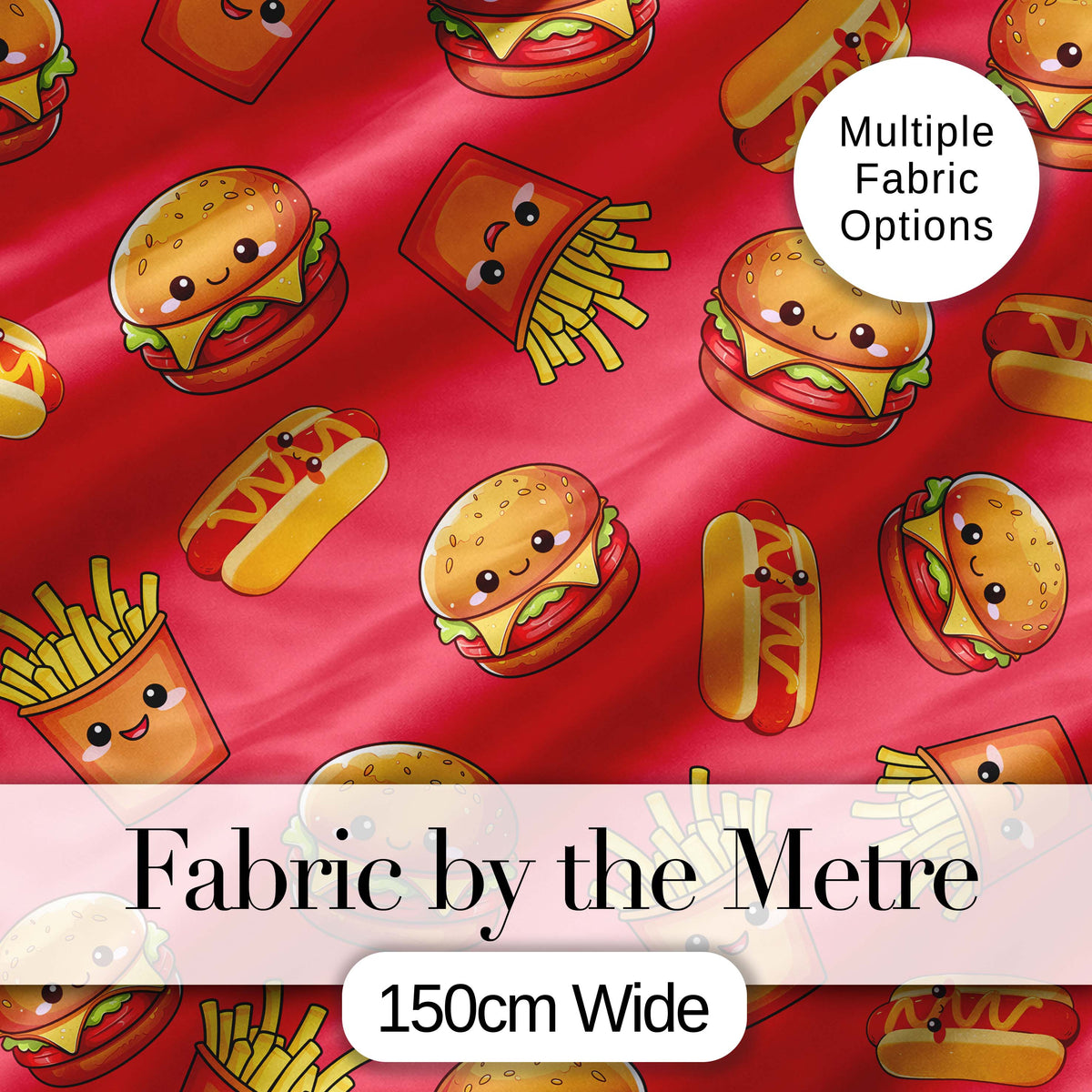Cute Kawaii Burger Fries Hotdog Fast Food Seamless Pattern Red Background Digital Print Fabric by the Metre UK Sewing Quilting Textile