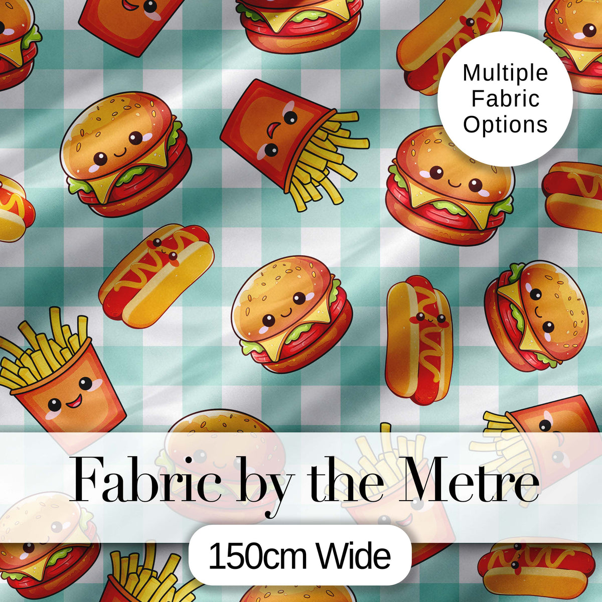 Kawaii Burger Fries Hotdog Fast Food Seamless Pattern Mint Gingham Background Digital Print Fabric by the Metre UK Sewing Quilting Textile