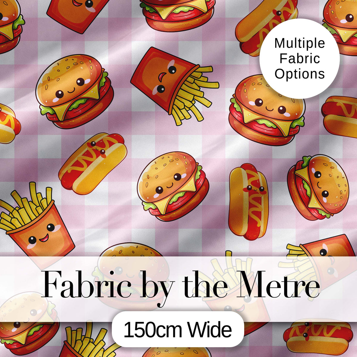 Kawaii Burger Fries Hotdog Fast Food Seamless Pattern Pink Gingham Background Digital Print Fabric by the Metre UK Sewing Quilting Textile
