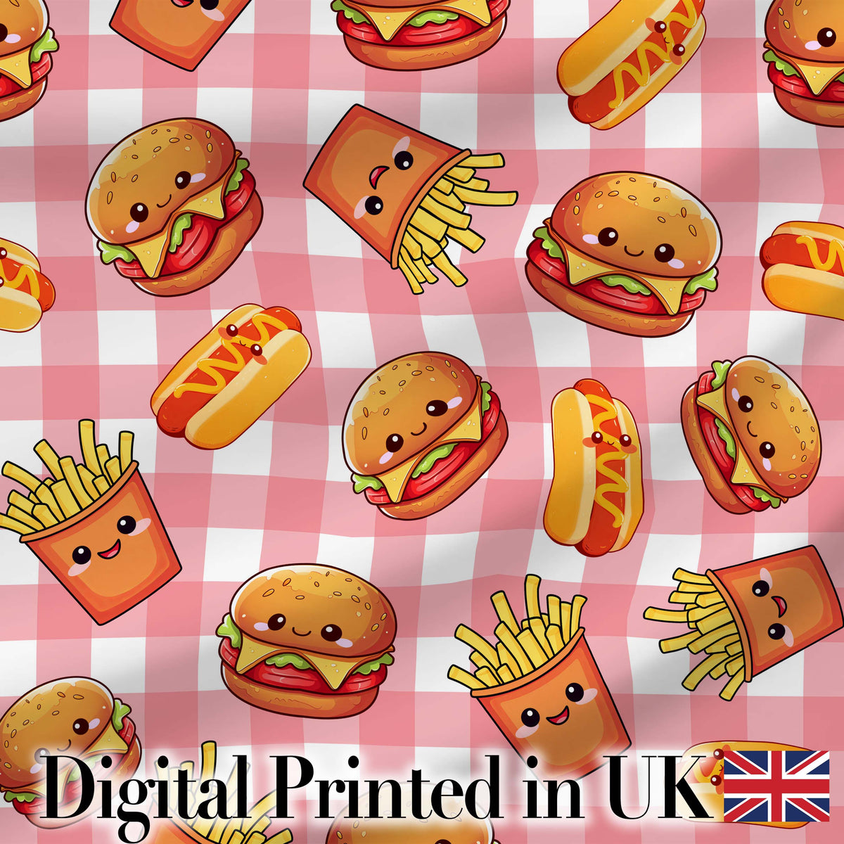 Kawaii Burger Fries Hotdog Fast Food Seamless Pattern Red Gingham Background Digital Print Fabric by the Metre UK Sewing Quilting Textile