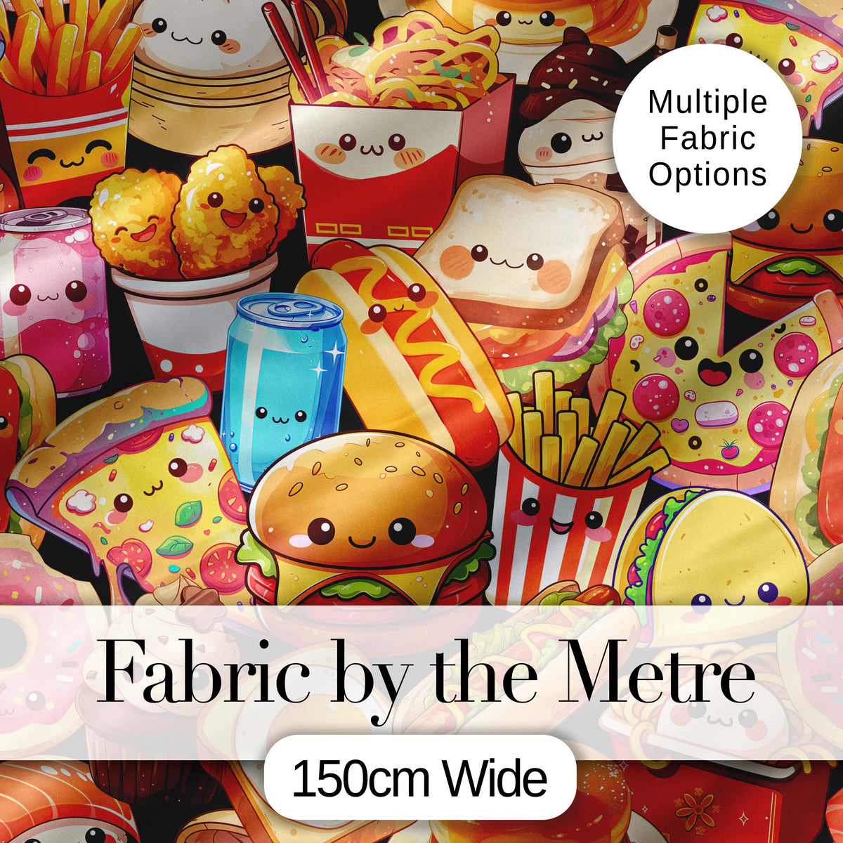 Cute Kawaii Fast Food Junk Food Snack Collage Seamless Pattern Black Background Digital Print Fabric by the Metre UK Sewing Quilting Textile