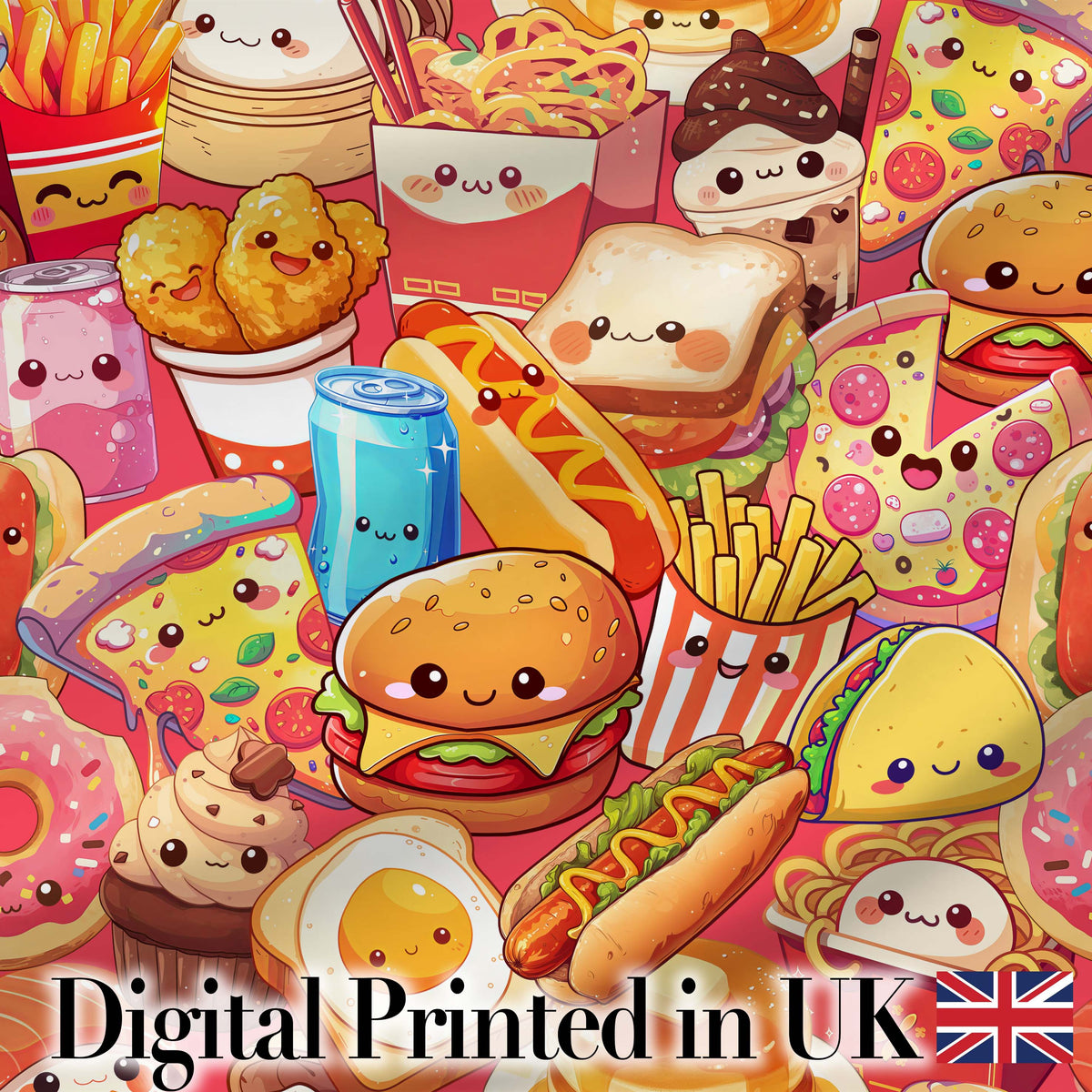 Cute Kawaii Fast Food Junk Food Snacks Collage Seamless Pattern Red Background Digital Print Fabric by the Metre UK Sewing Quilting Textile