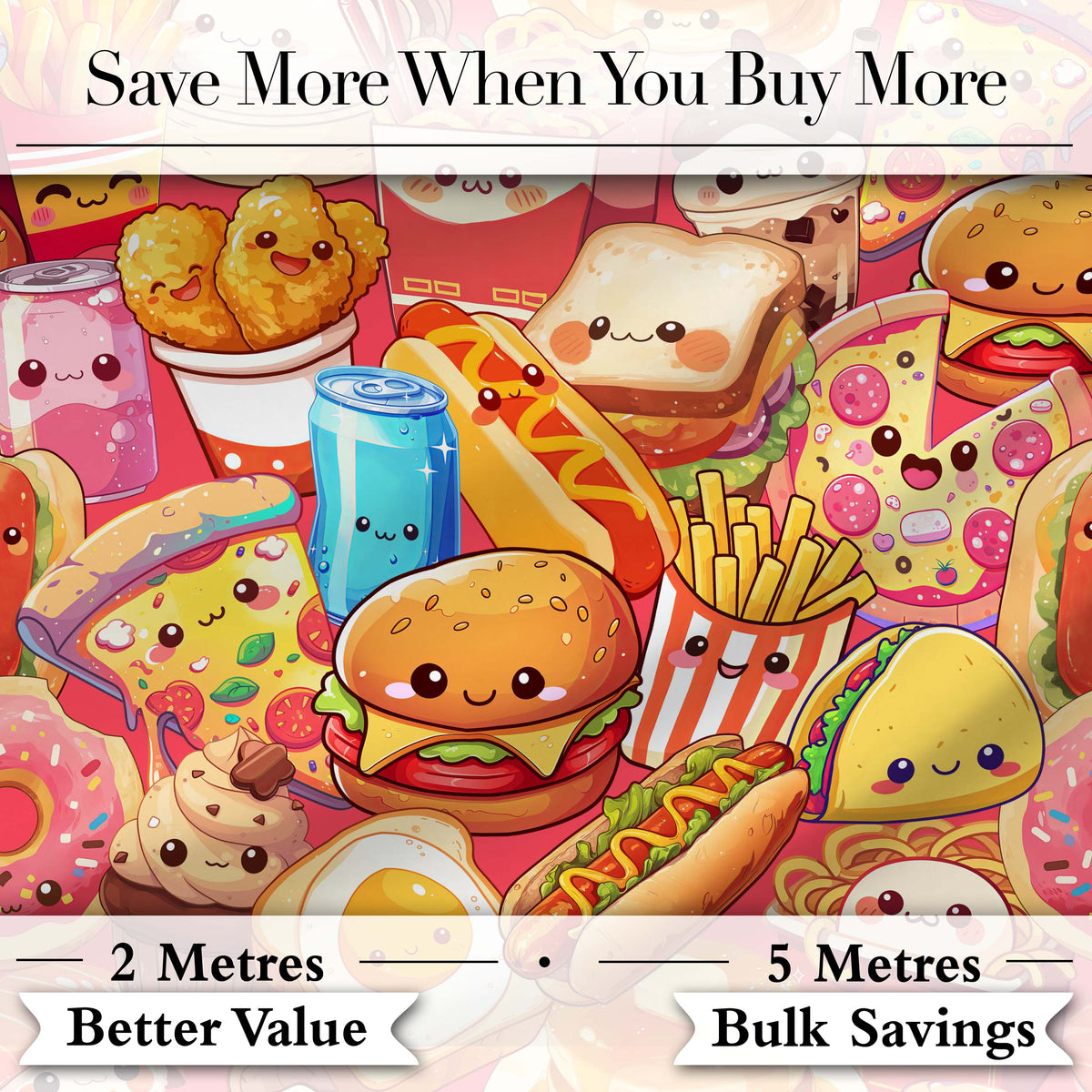 Cute Kawaii Fast Food Junk Food Snacks Collage Seamless Pattern Red Background Digital Print Fabric by the Metre UK Sewing Quilting Textile