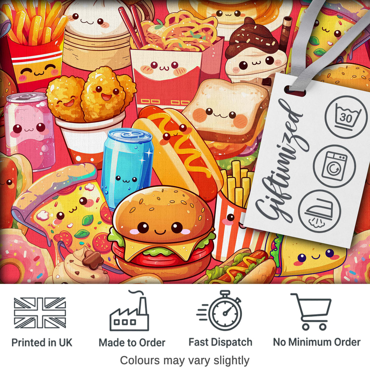 Cute Kawaii Fast Food Junk Food Snacks Collage Seamless Pattern Red Background Digital Print Fabric by the Metre UK Sewing Quilting Textile