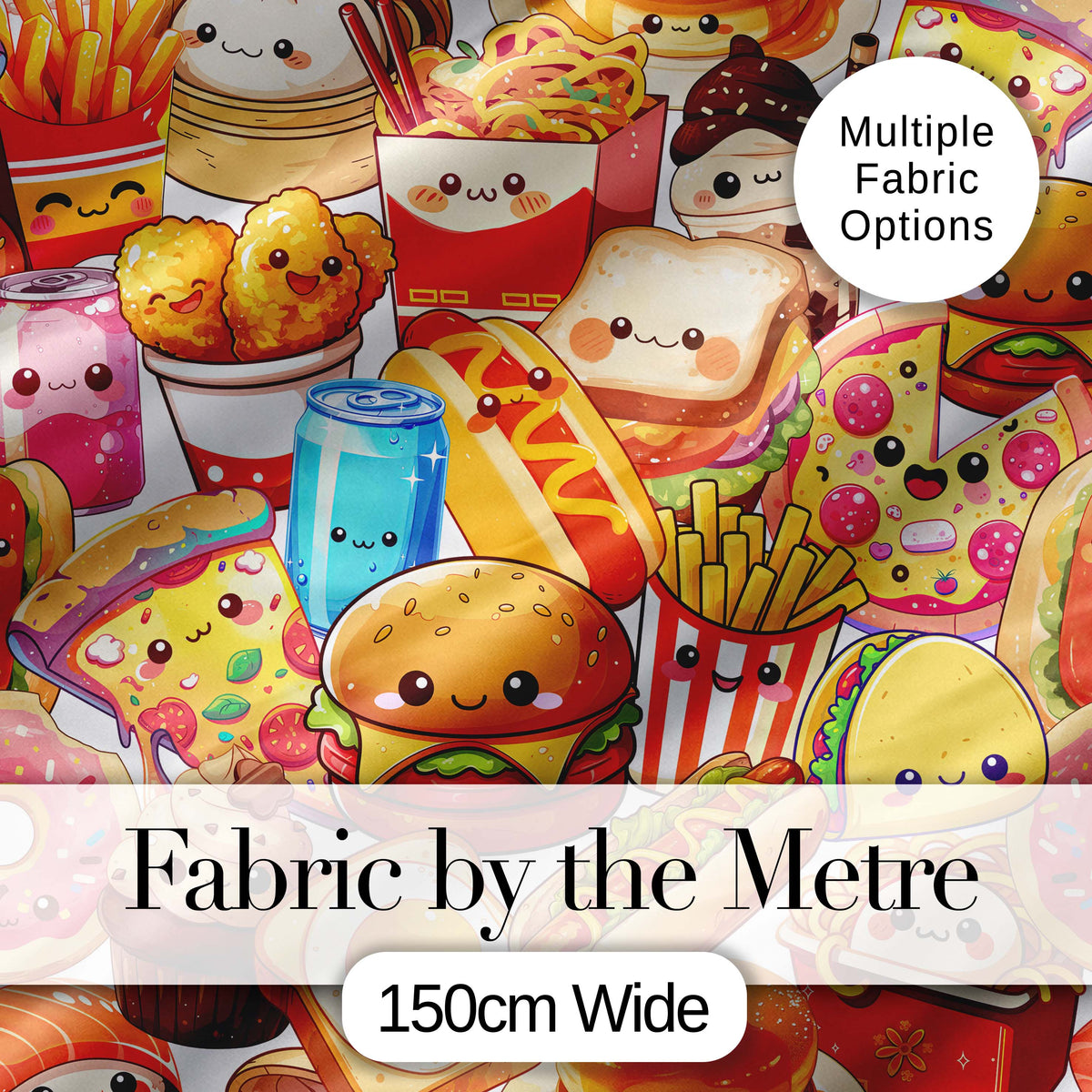 Cute Kawaii Fast Food Junk Food Snack Collage Seamless Pattern White Background Digital Print Fabric by the Metre UK Sewing Quilting Textile