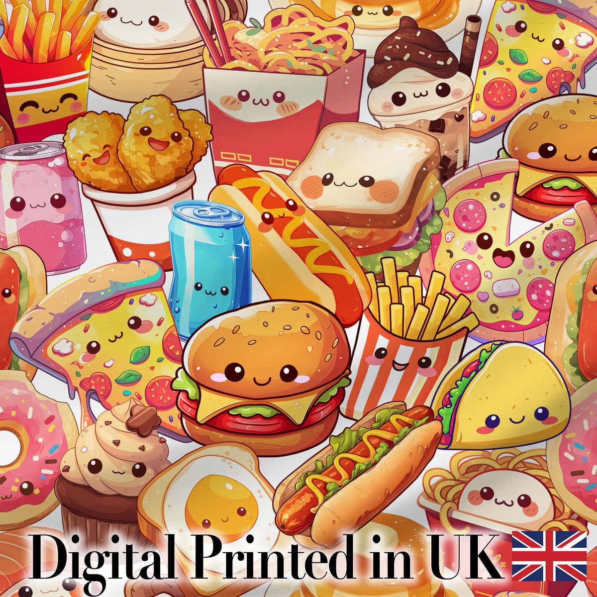 Cute Kawaii Fast Food Junk Food Snack Collage Seamless Pattern White Background Digital Print Fabric by the Metre UK Sewing Quilting Textile