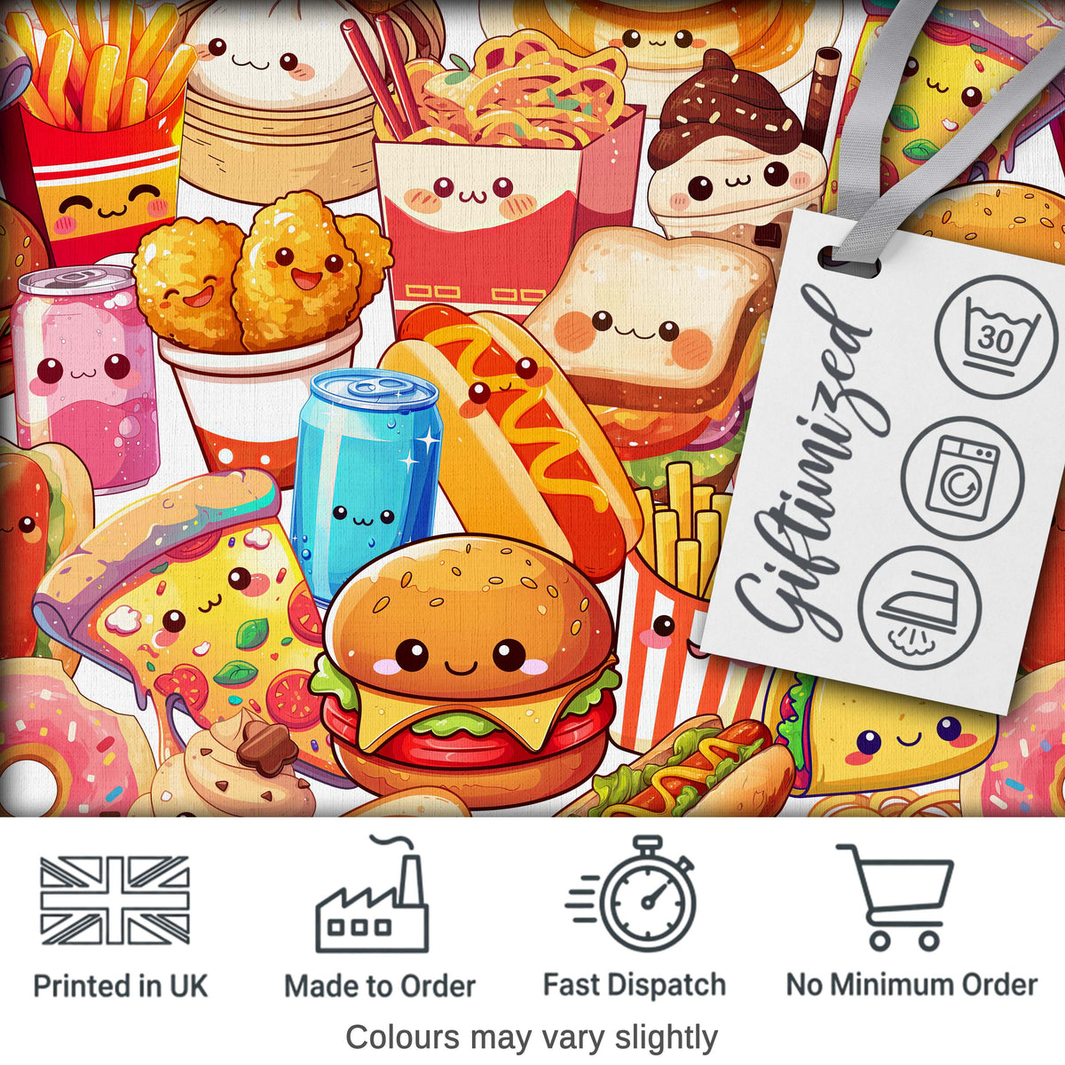 Cute Kawaii Fast Food Junk Food Snack Collage Seamless Pattern White Background Digital Print Fabric by the Metre UK Sewing Quilting Textile