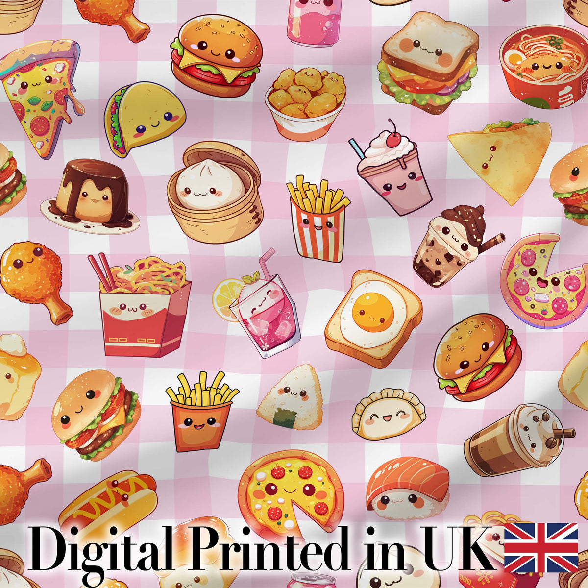 Cute Kawaii Fast Food Snacks Gingham Picnic Pink Background Seamless Pattern Digital Print Fabric by the Metre UK Sewing Quilting Textile