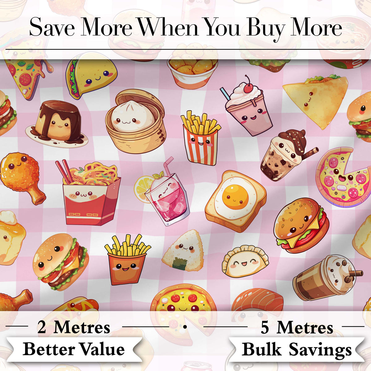 Cute Kawaii Fast Food Snacks Gingham Picnic Pink Background Seamless Pattern Digital Print Fabric by the Metre UK Sewing Quilting Textile