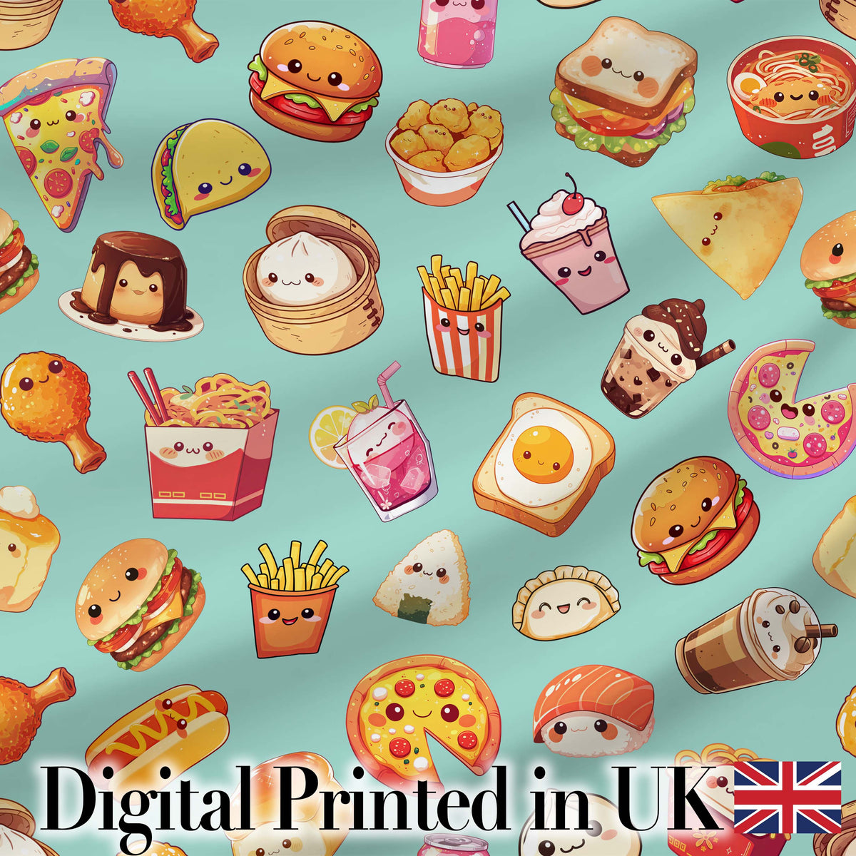 Cute Kawaii Fast Food Snacks Gingham Picnic Teal Background Seamless Pattern Digital Print Fabric by the Metre UK Sewing Quilting Textile