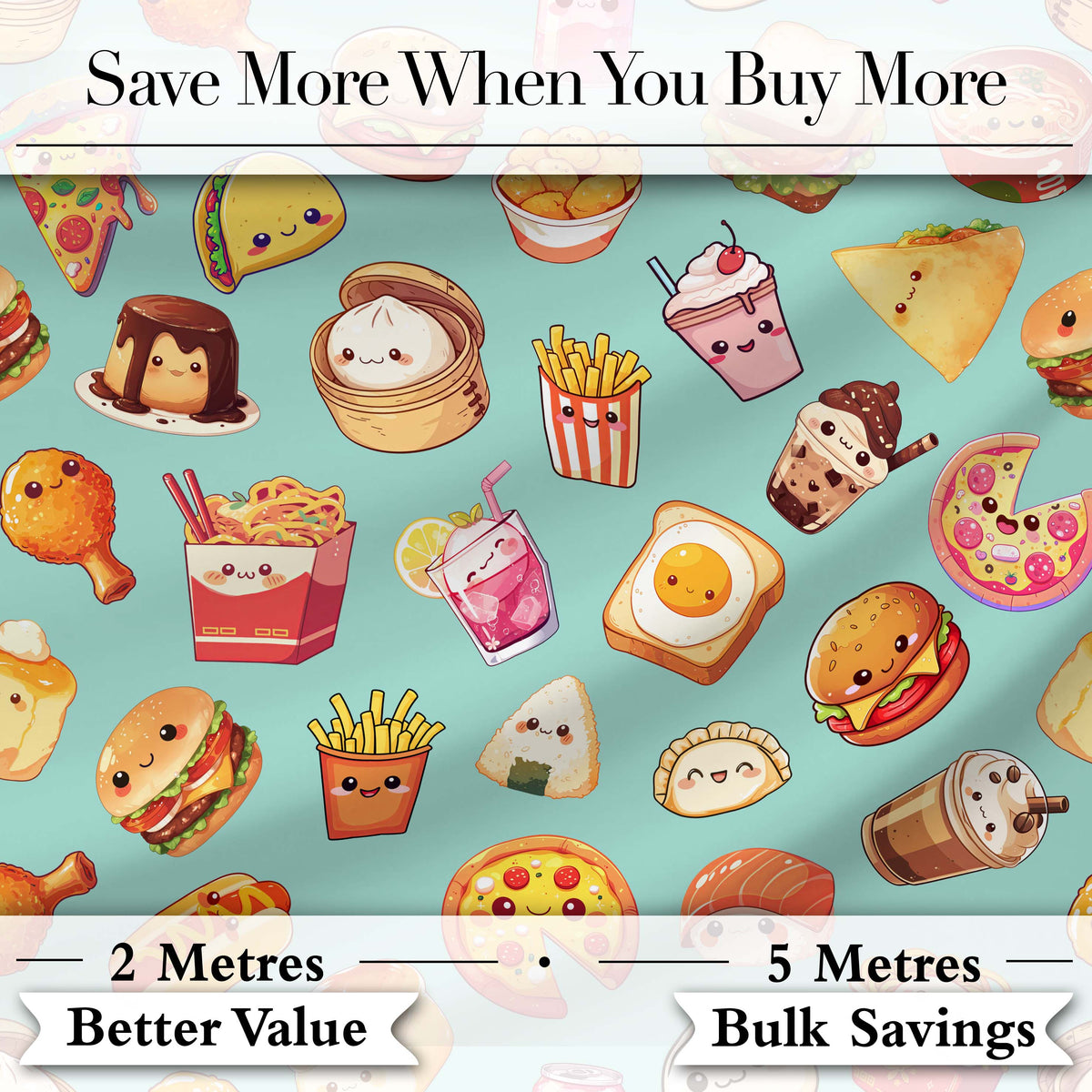 Cute Kawaii Fast Food Snacks Gingham Picnic Teal Background Seamless Pattern Digital Print Fabric by the Metre UK Sewing Quilting Textile