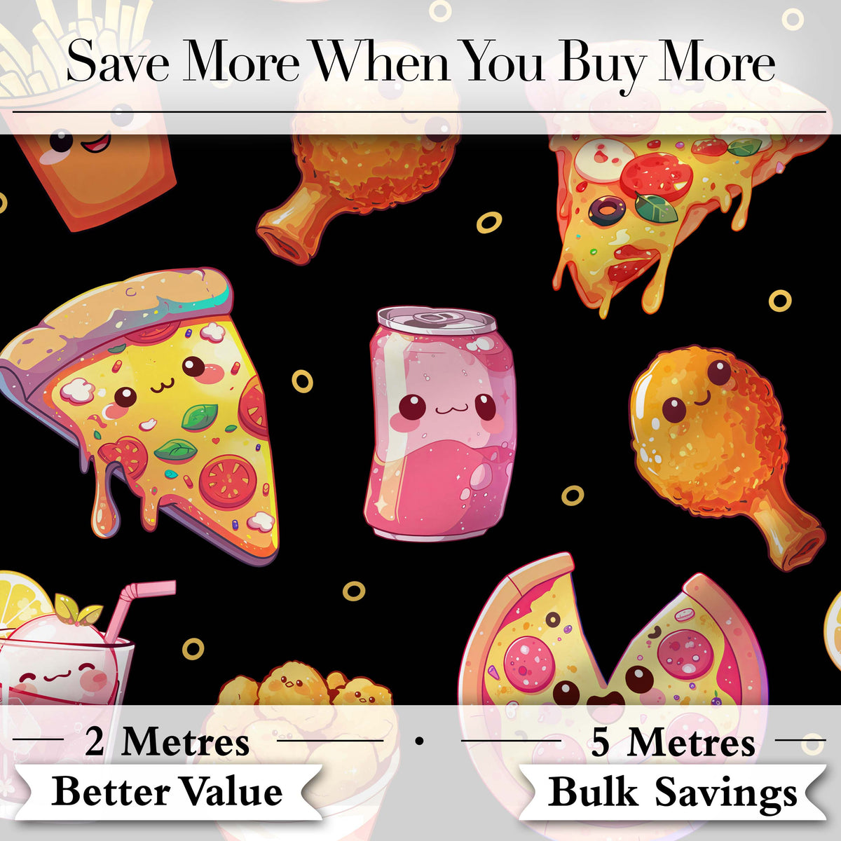 Cute Kawaii Fast Food Pattern with Pizza Fries Chicken Soda Black Background Digital Print Fabric by the Metre UK Sewing Quilting Textile
