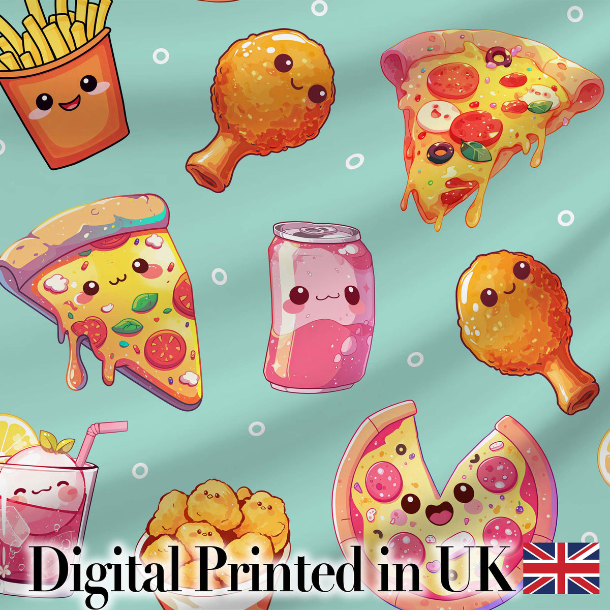 Cute Kawaii Fast Food Pattern with Pizza Fries Chicken Soda Mint Background Digital Print Fabric by the Metre UK Sewing Quilting Textile