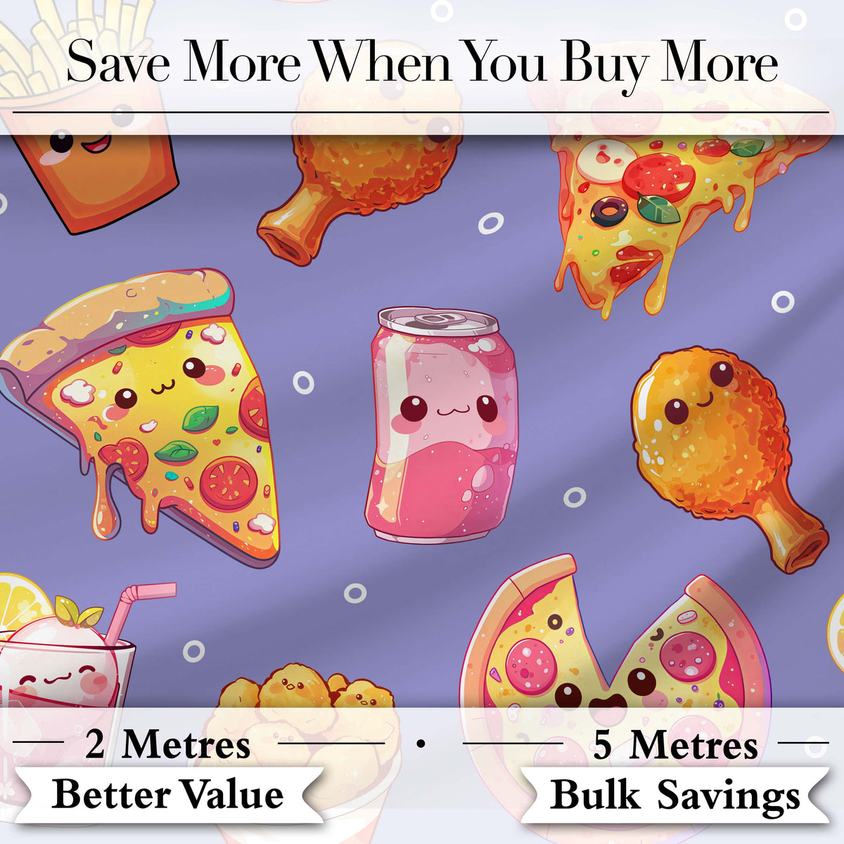 Cute Kawaii Fast Food Pattern with Pizza Fries Chicken Soda Purple Background Digital Print Fabric by the Metre UK Sewing Quilting Textile