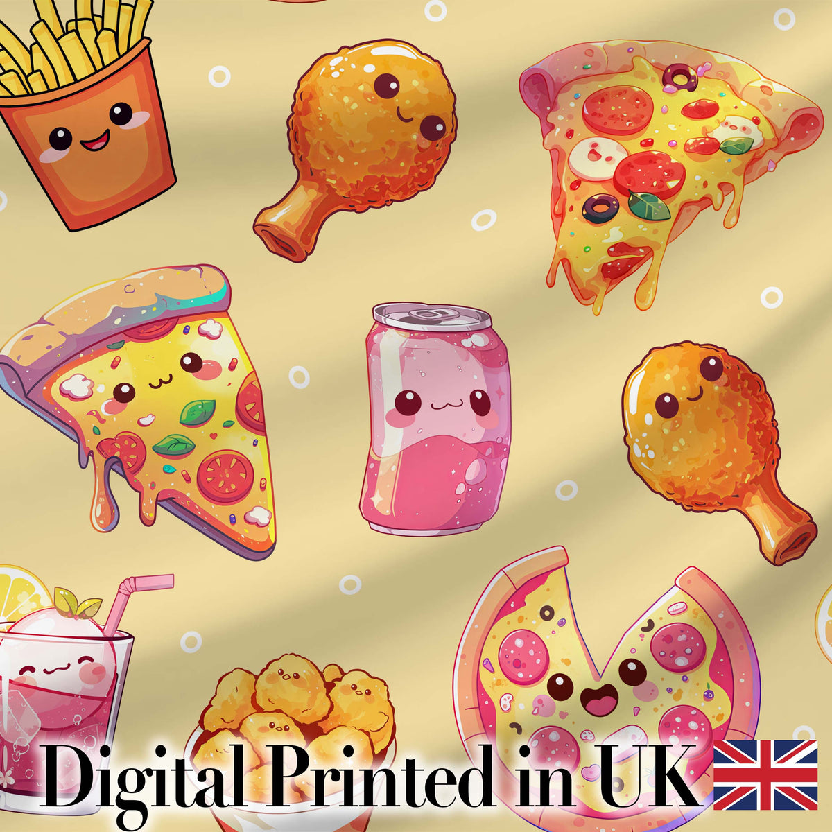 Cute Kawaii Fast Food Pattern with Pizza Fries Chicken Soda Yellow Background Digital Print Fabric by the Metre UK Sewing Quilting Textile