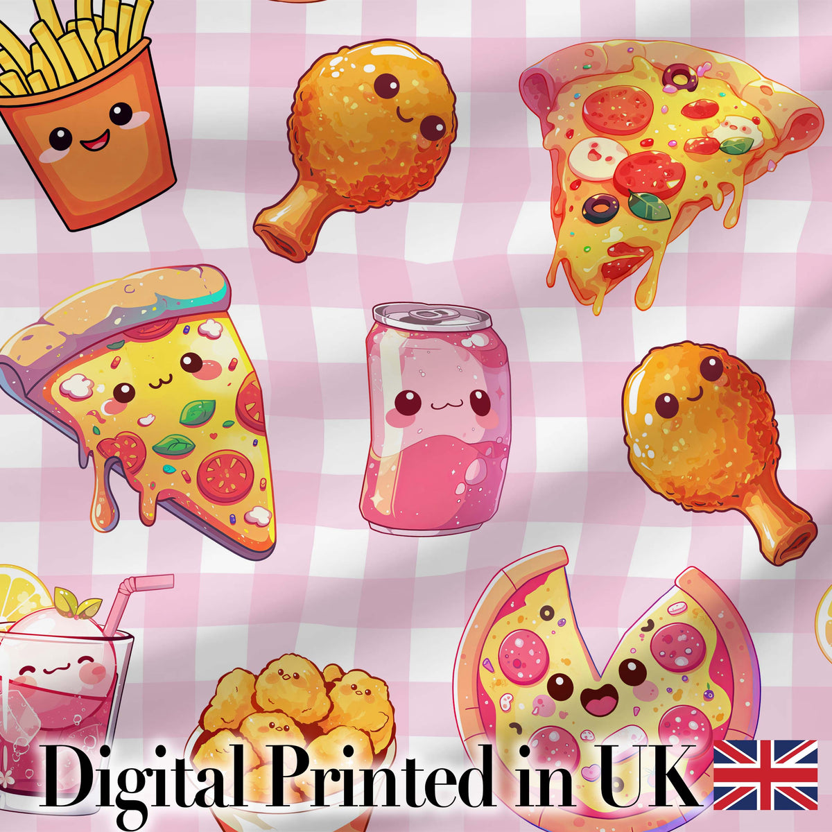 Cute Kawaii Fast Food Pattern with Pizza Chicken Soda Pink Check Background Digital Print Fabric by the Metre UK Sewing Quilting Textile
