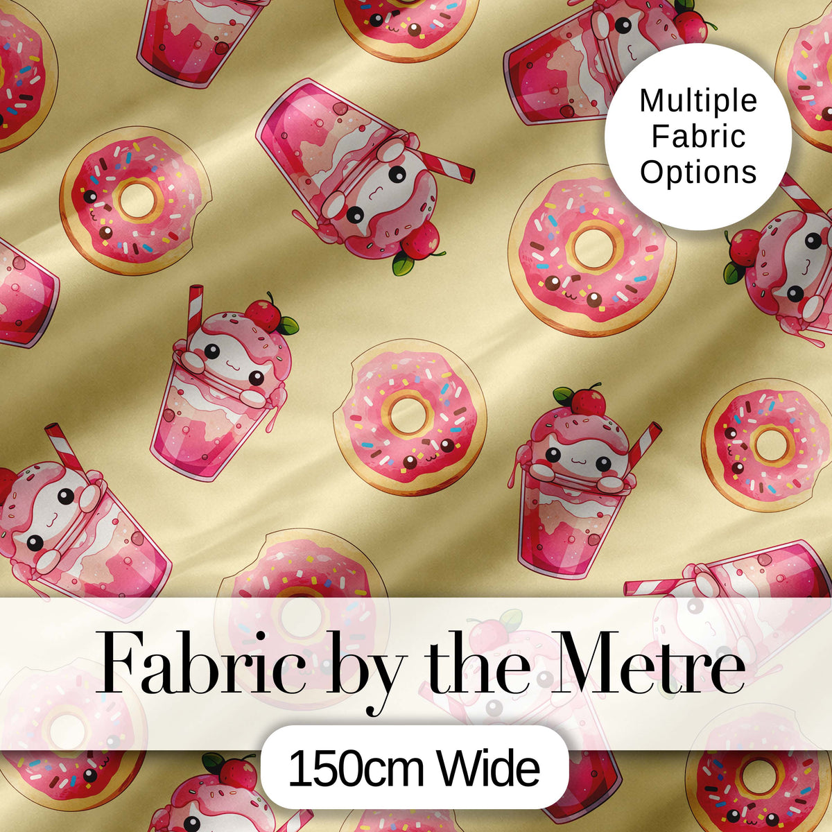 Cute Kawaii Donut and Strawberry Drink Pattern Yellow Background Seamless Digital Print Fabric by the Metre UK Sewing Quilting Textile