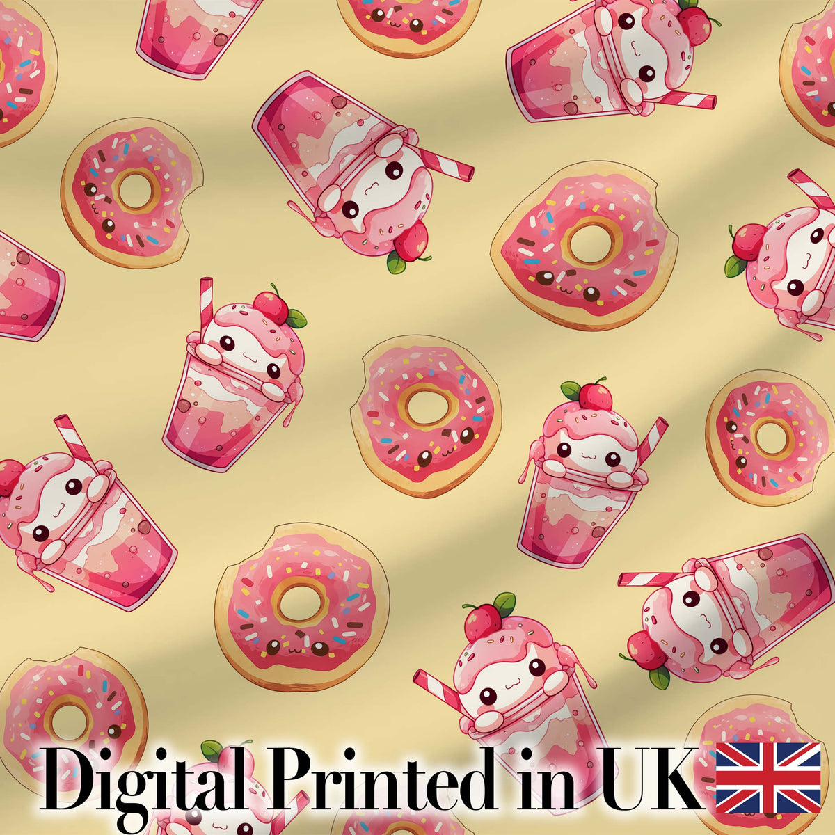 Cute Kawaii Donut and Strawberry Drink Pattern Yellow Background Seamless Digital Print Fabric by the Metre UK Sewing Quilting Textile