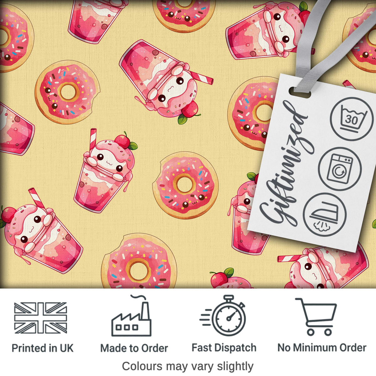 Cute Kawaii Donut and Strawberry Drink Pattern Yellow Background Seamless Digital Print Fabric by the Metre UK Sewing Quilting Textile