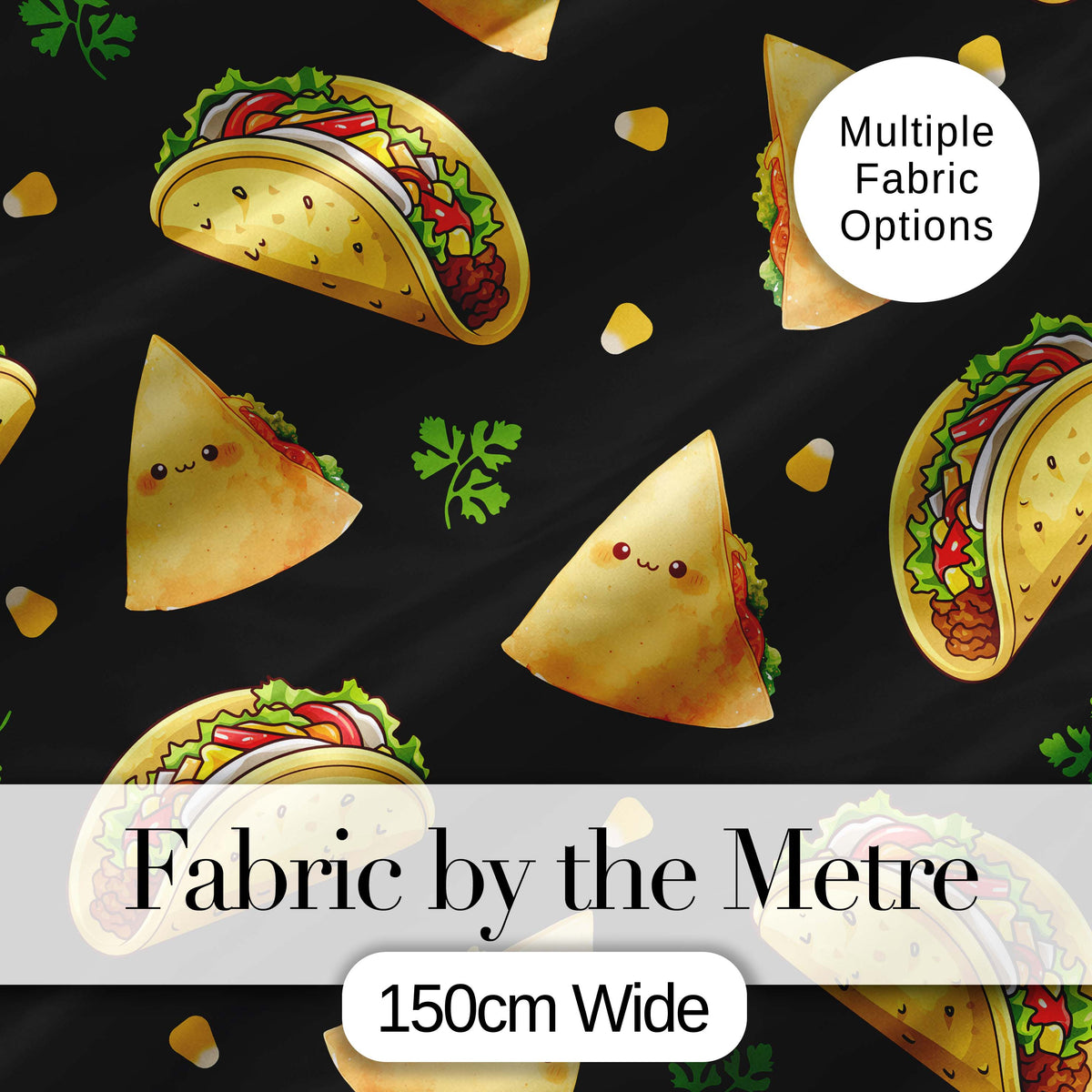 Cute Kawaii Taco and Wrap Food Pattern Black Background Seamless Digital Print Fabric by the Metre UK Sewing Quilting Textile