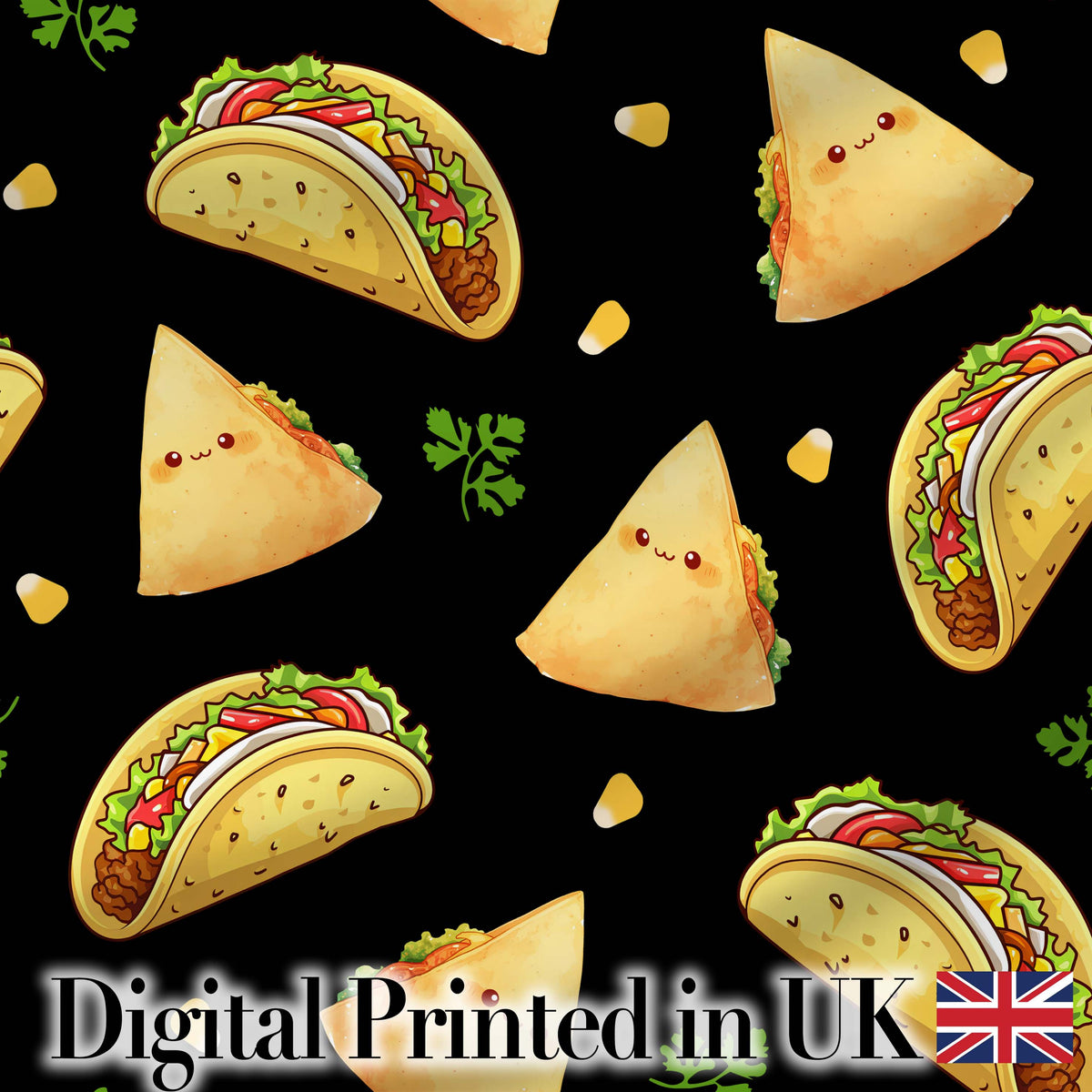 Cute Kawaii Taco and Wrap Food Pattern Black Background Seamless Digital Print Fabric by the Metre UK Sewing Quilting Textile