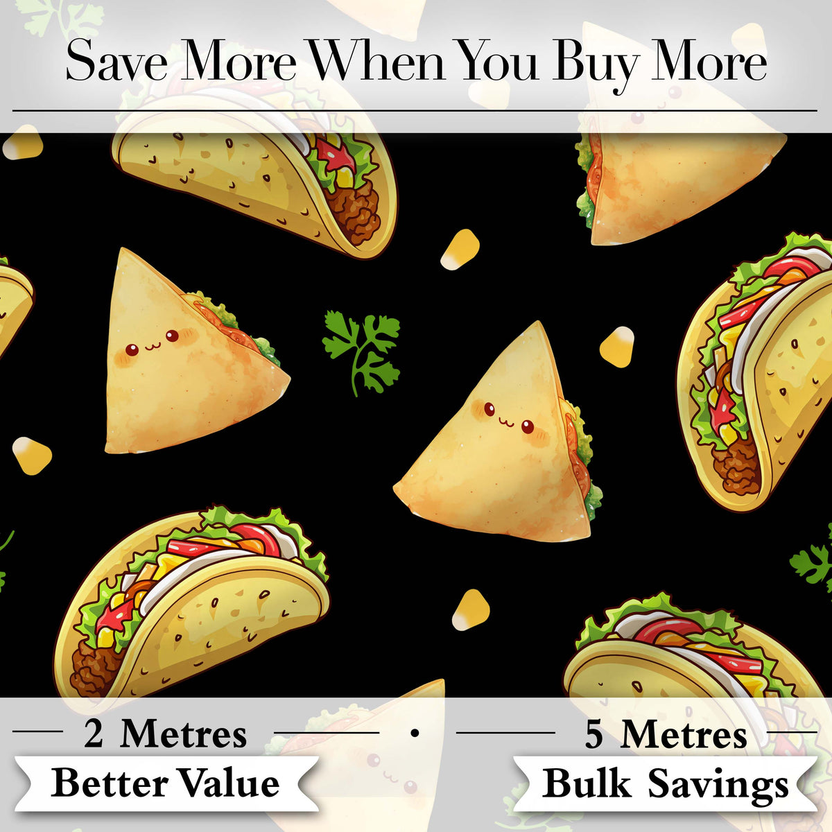 Cute Kawaii Taco and Wrap Food Pattern Black Background Seamless Digital Print Fabric by the Metre UK Sewing Quilting Textile