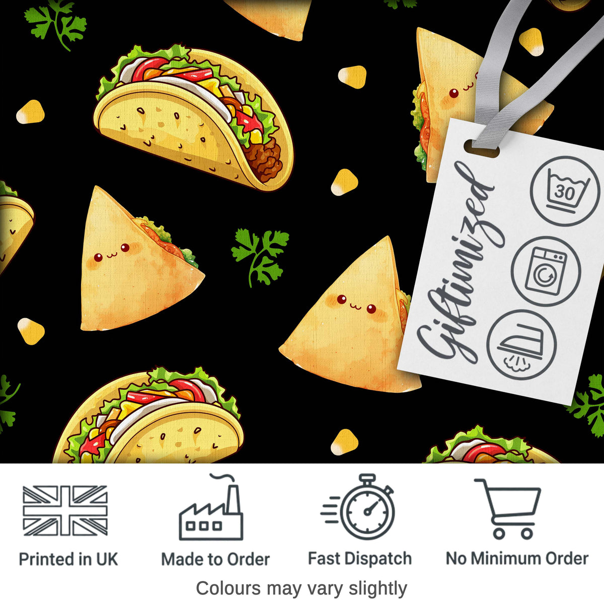 Cute Kawaii Taco and Wrap Food Pattern Black Background Seamless Digital Print Fabric by the Metre UK Sewing Quilting Textile
