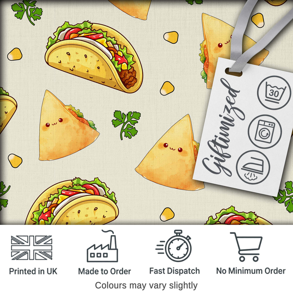 Cute Kawaii Taco and Wrap Food Pattern Light Grey Background Seamless Digital Print Fabric by the Metre UK Sewing Quilting Textile