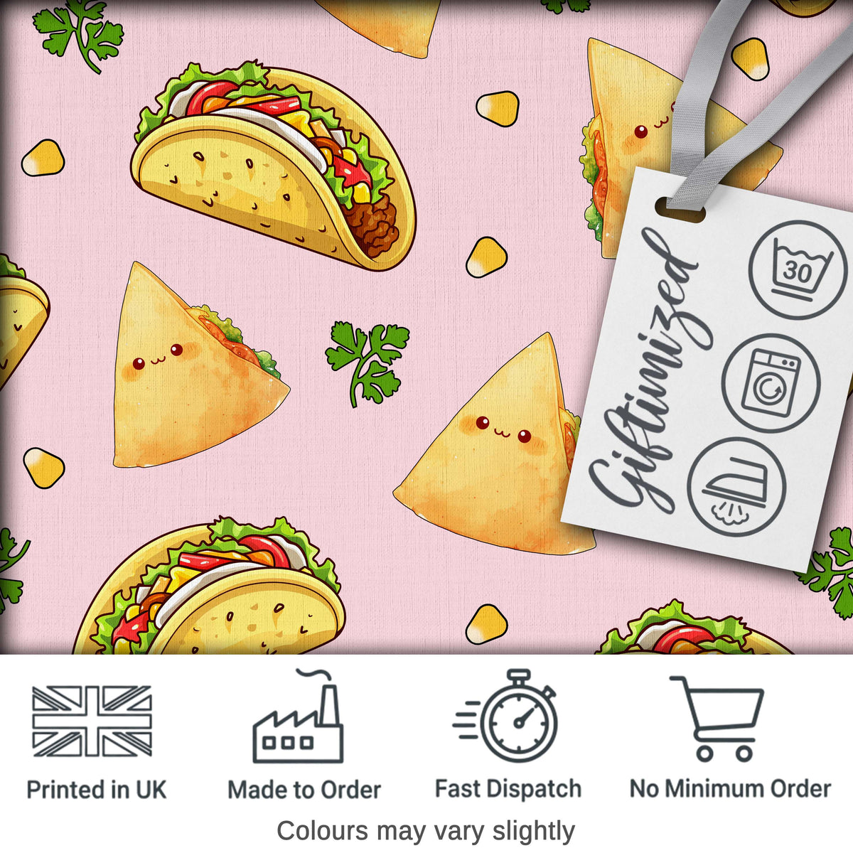 Cute Kawaii Taco and Wrap Food Pattern Soft Pink Background Seamless Digital Print Fabric by the Metre UK Sewing Quilting Textile