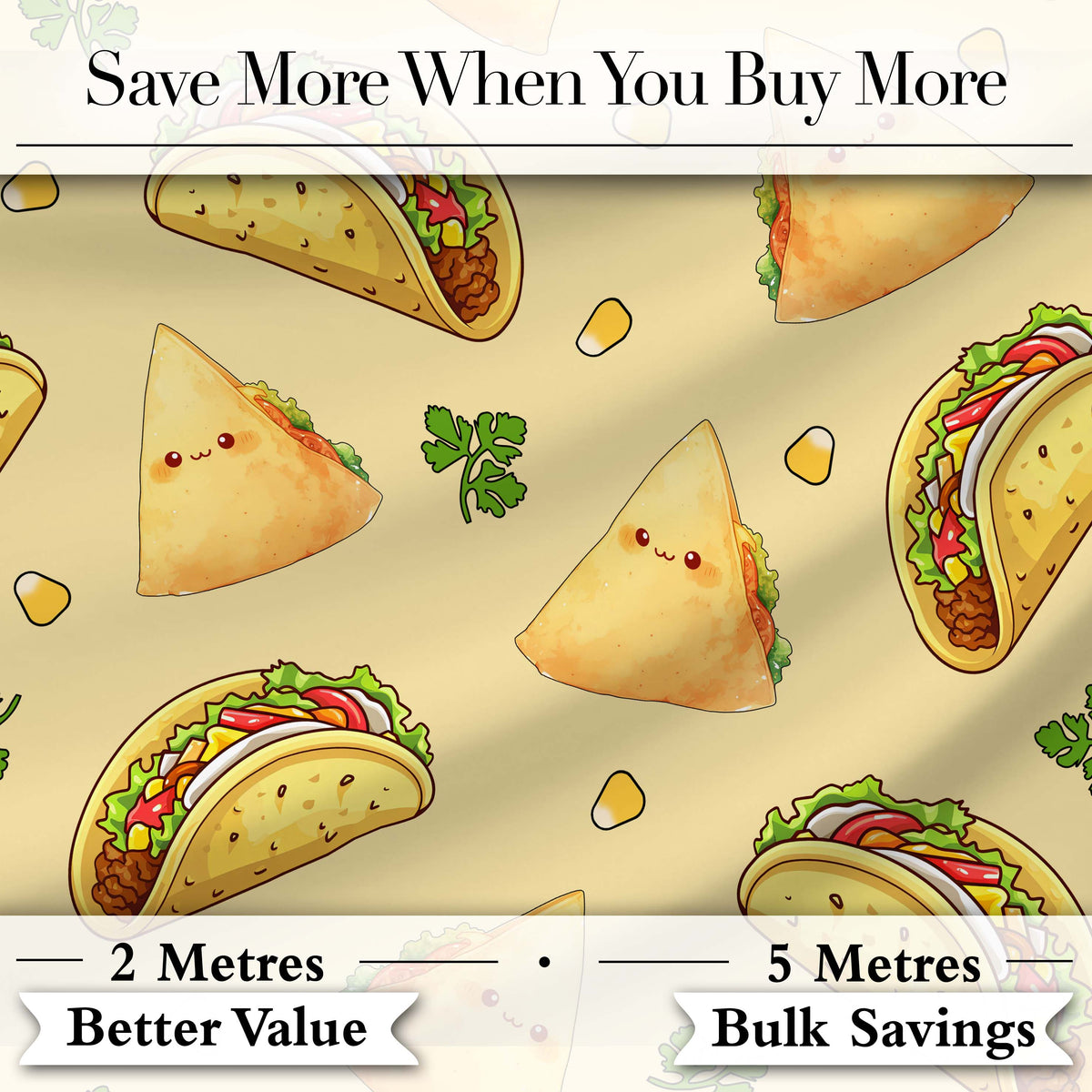 Cute Kawaii Taco and Wrap Food Pattern Yellow Background Seamless Digital Print Fabric by the Metre UK Sewing Quilting Textile