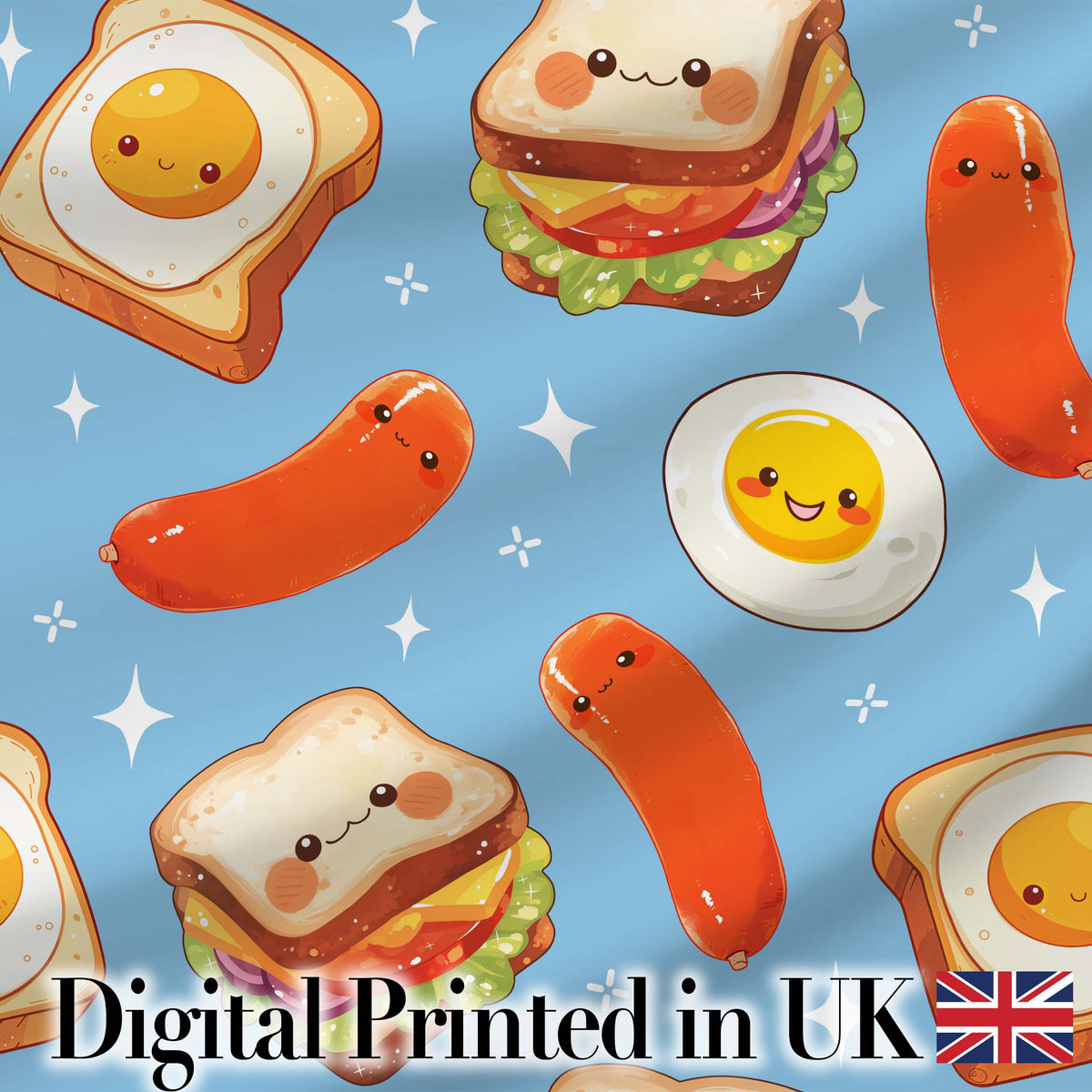 Breakfast Food Eggs Sausage Sandwich Seamless Pattern Blue Background Digital Print Fabric by the Metre UK Sewing Quilting Textile