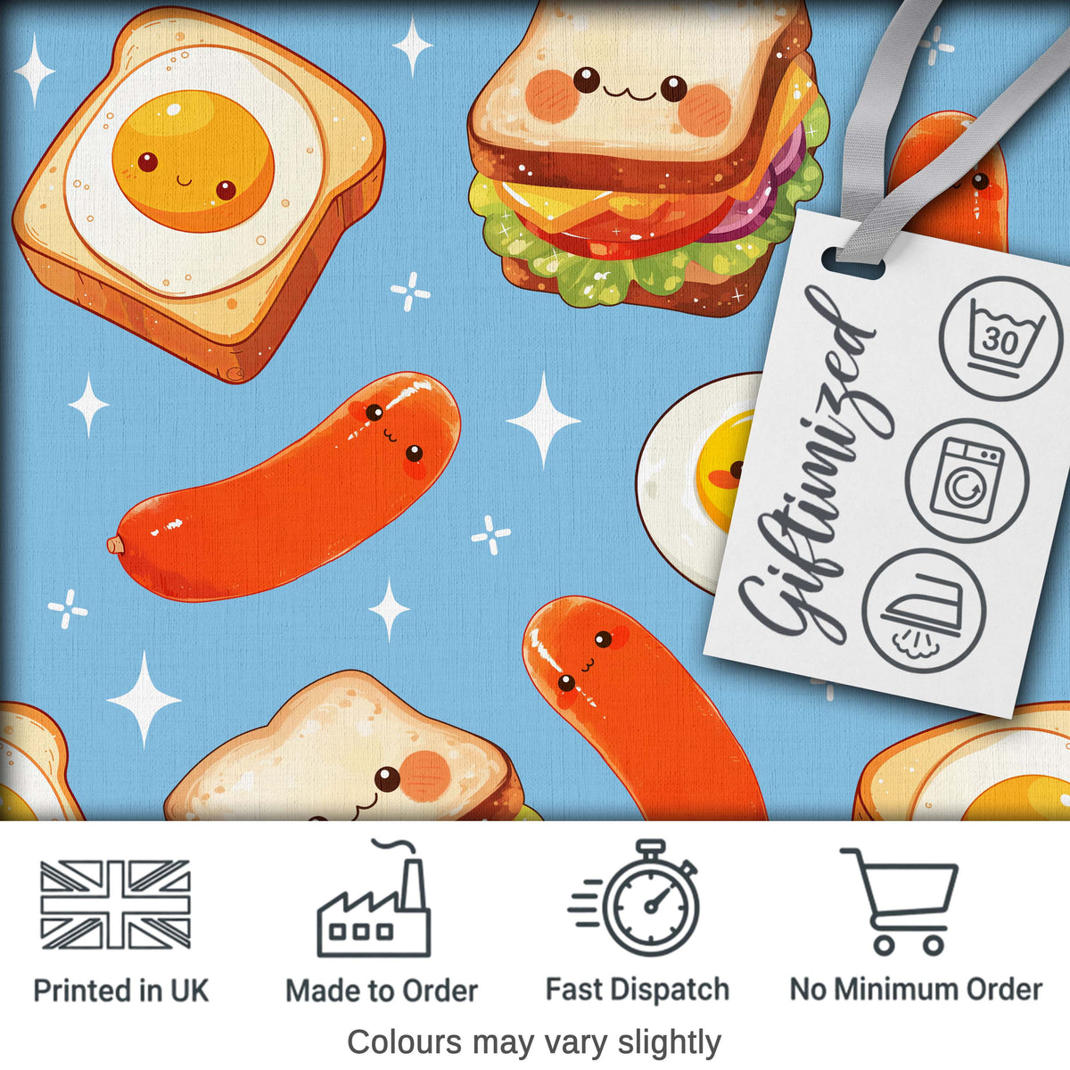 Breakfast Food Eggs Sausage Sandwich Seamless Pattern Blue Background Digital Print Fabric by the Metre UK Sewing Quilting Textile