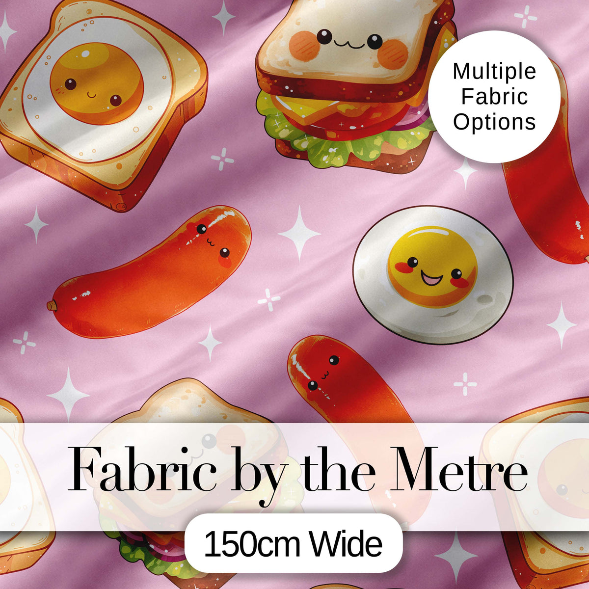 Breakfast Food Eggs Sausage Sandwich Seamless Pattern Pink Background Digital Print Fabric by the Metre UK Sewing Quilting Textile