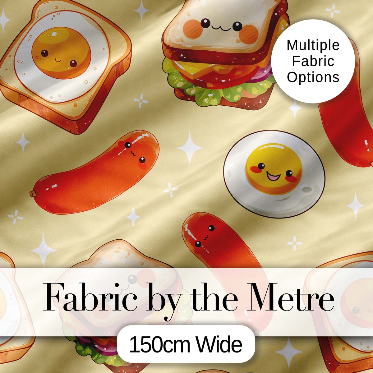 Breakfast Food Eggs Sausage Sandwich Seamless Pattern Yellow Background Digital Print Fabric by the Metre UK Sewing Quilting Textile
